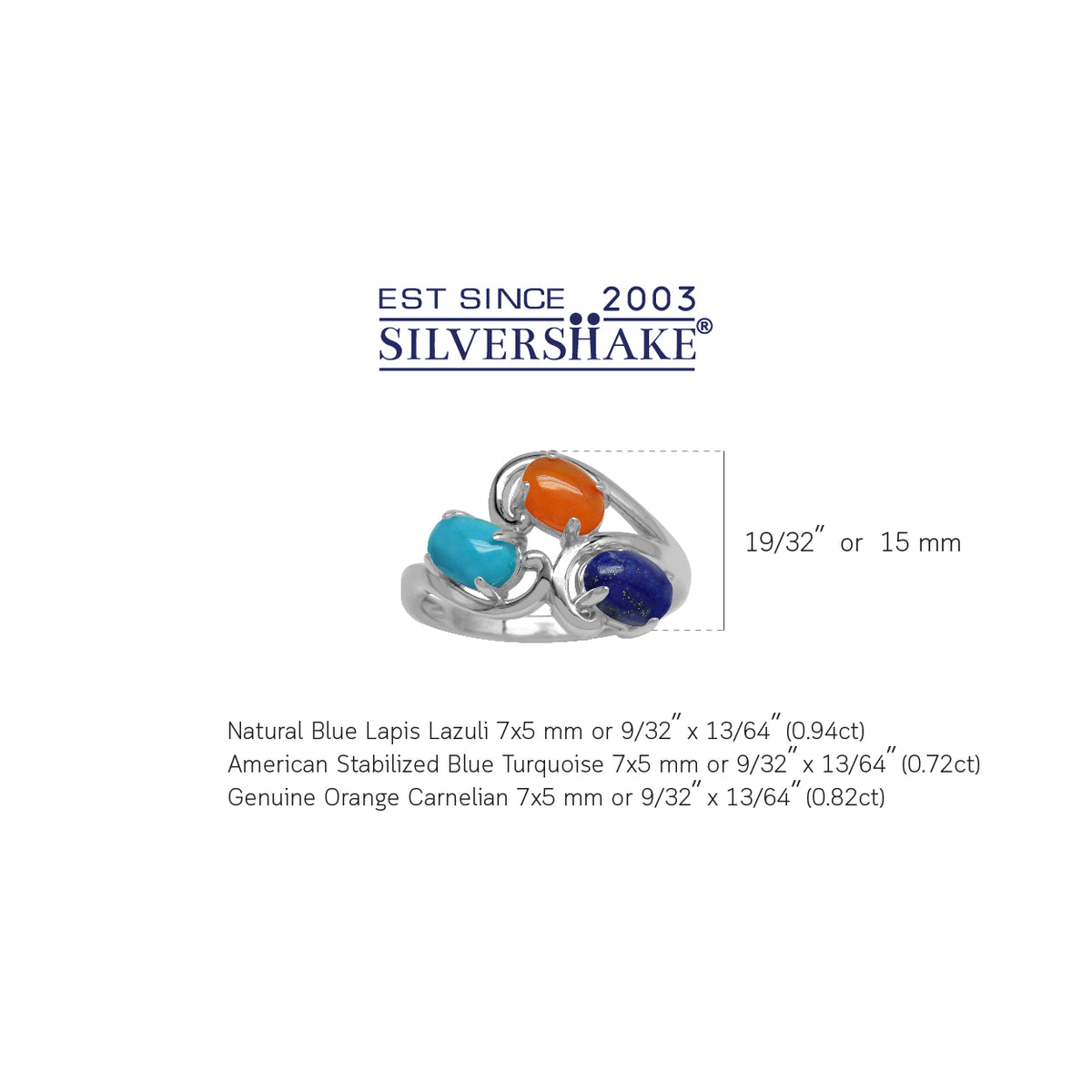 Genuine Lapis Lazuli, American Turquoise and Carnelian 925 Sterling Silver 3-Stone Cluster Ring silvershake