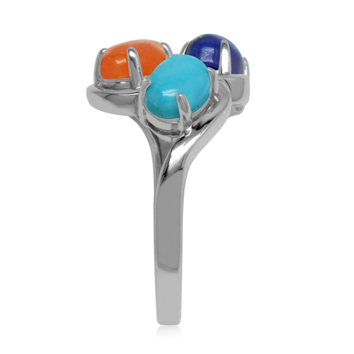Genuine Lapis Lazuli, American Turquoise and Carnelian 925 Sterling Silver 3-Stone Cluster Ring silvershake