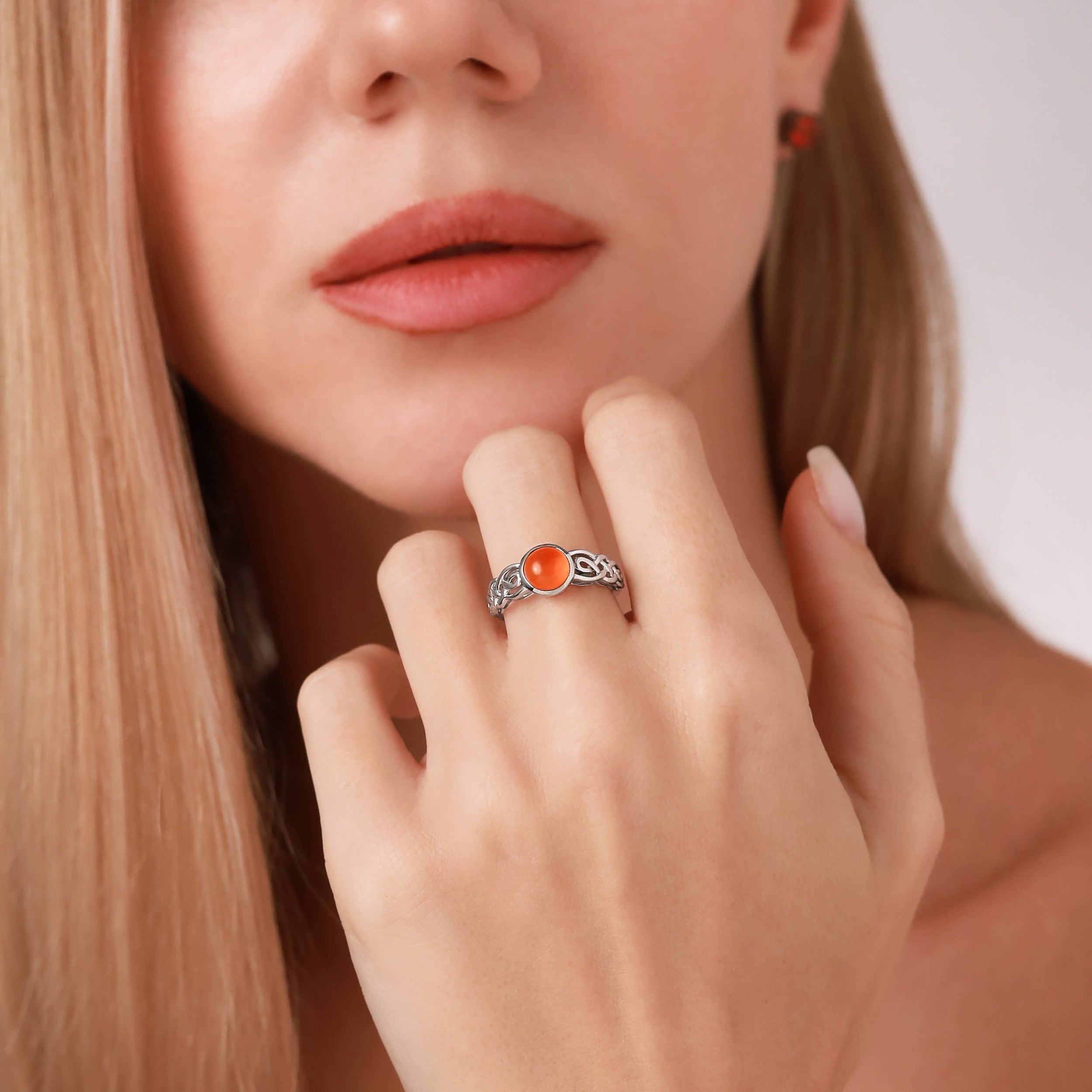 Genuine Orange Carnelian Stone 925 Sterling Silver Celtic Knot Braided Solitaire Ring - Silvershake-store