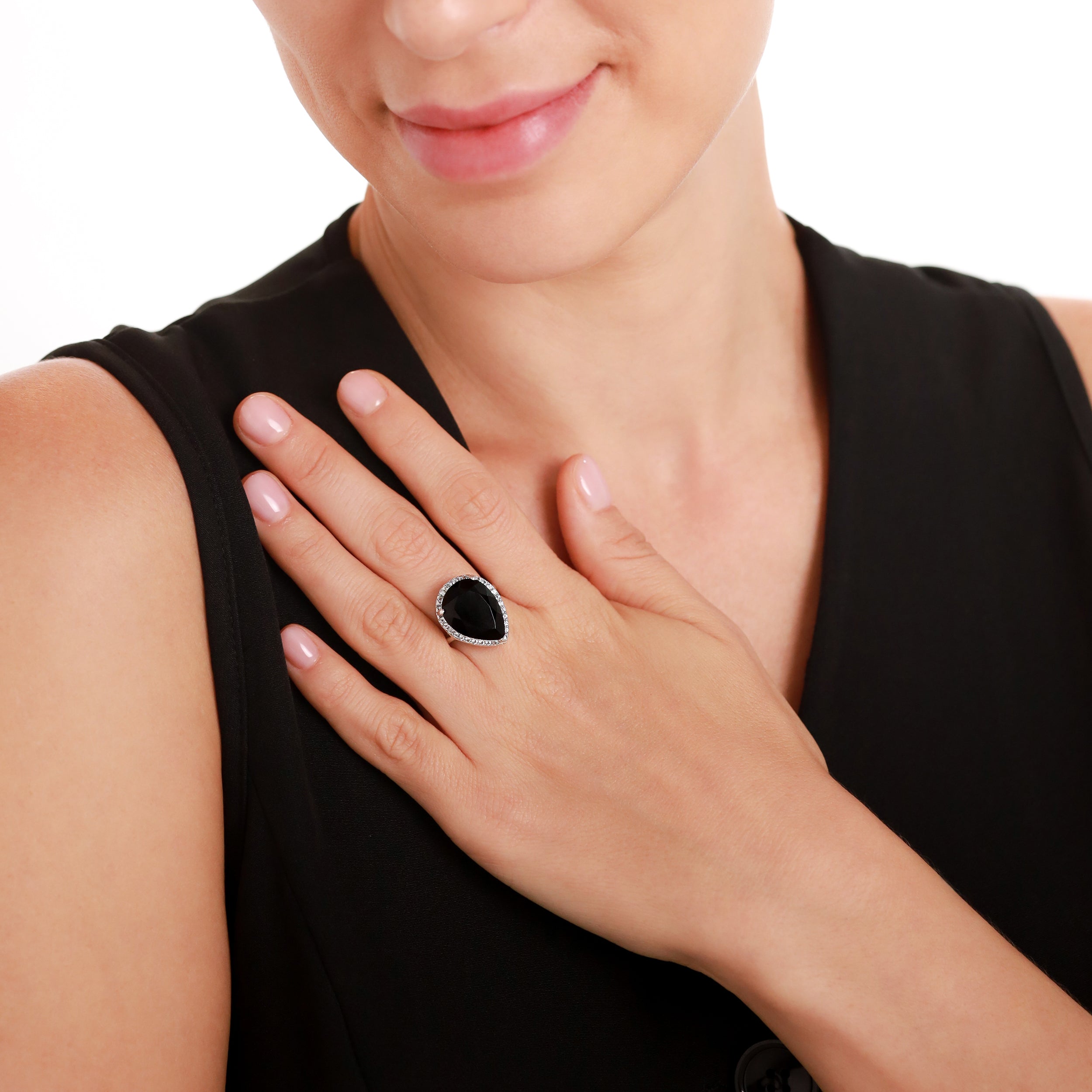 HUGE 18x13MM Pear Shape Natural Black Onyx 925 Sterling Silver Cocktail Right Hand Ring Jewelry for Women