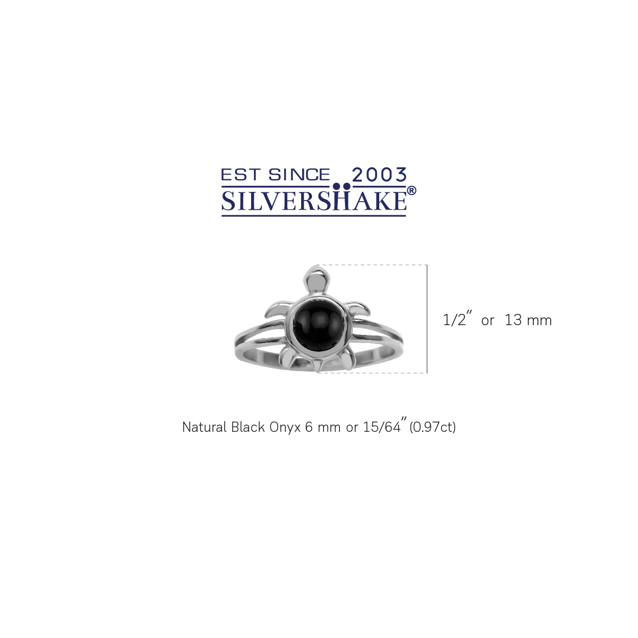 6MM Natural Round Shape Black Onyx 925 Sterling Silver Turtle Sea Life Fashion Casual Solitaire Ring - Silvershake-store