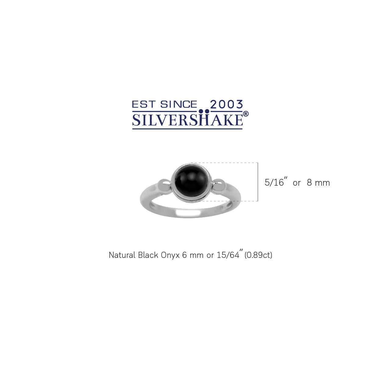6MM Natural Black Onyx White Gold Plated 925 Sterling Silver Solitaire Casual Cabochon Gemstone Ring - Silvershake-store