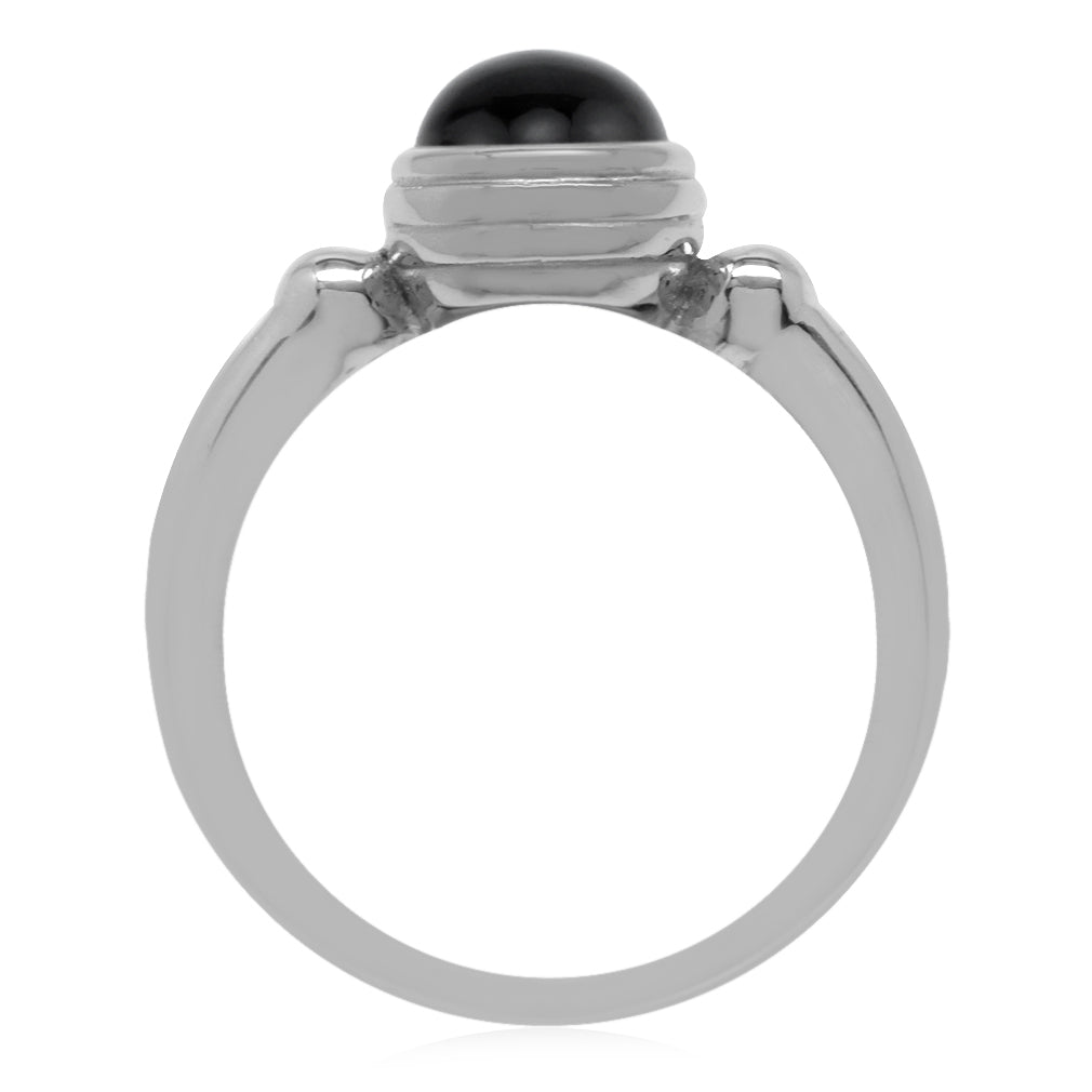 6MM Natural Black Onyx White Gold Plated 925 Sterling Silver Solitaire Casual Cabochon Gemstone Ring - Silvershake-store
