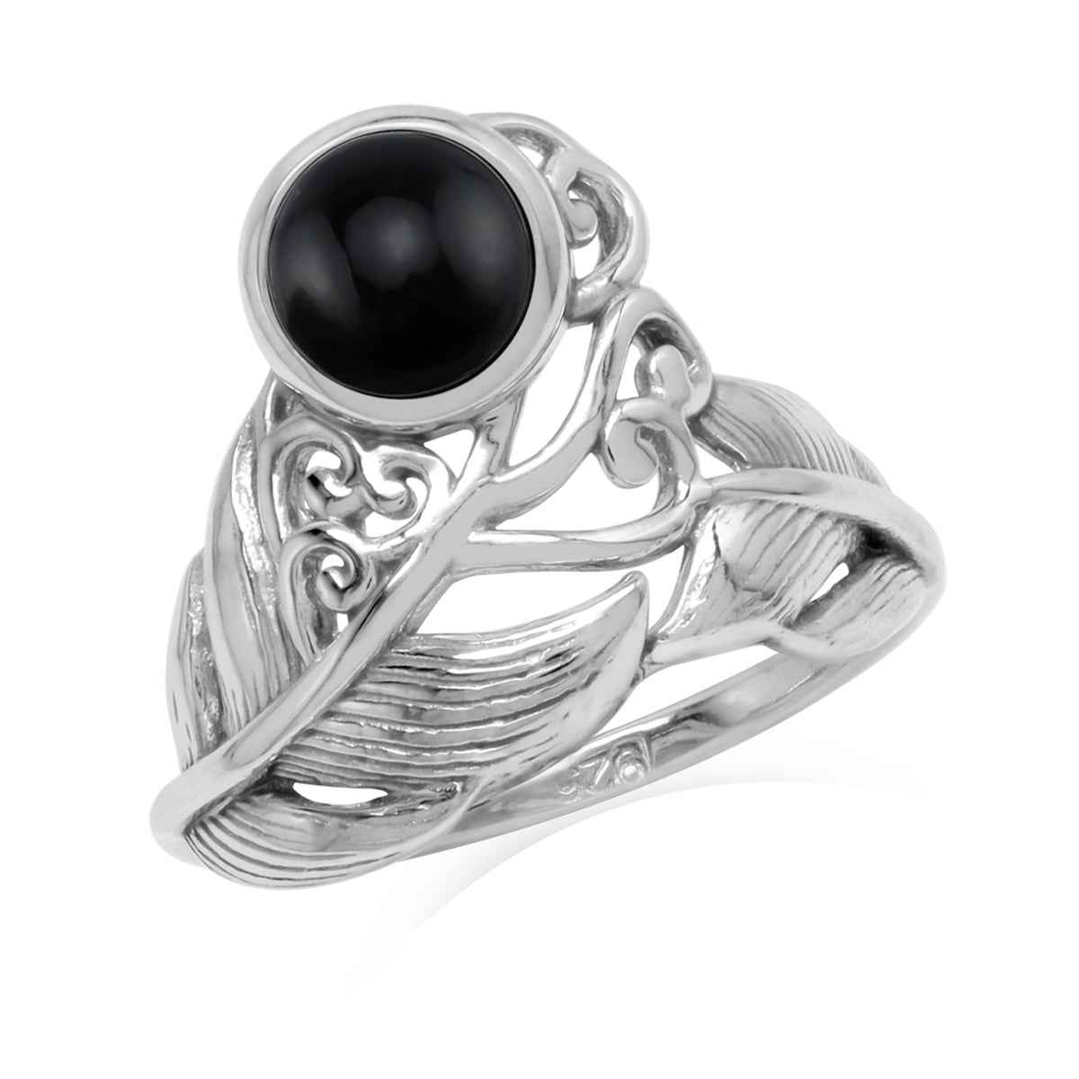 6MM Natural Round Shape Black Onyx Cabochon Gemstone White Gold Plated 925 Sterling Silver Feather Victorian Style Ring