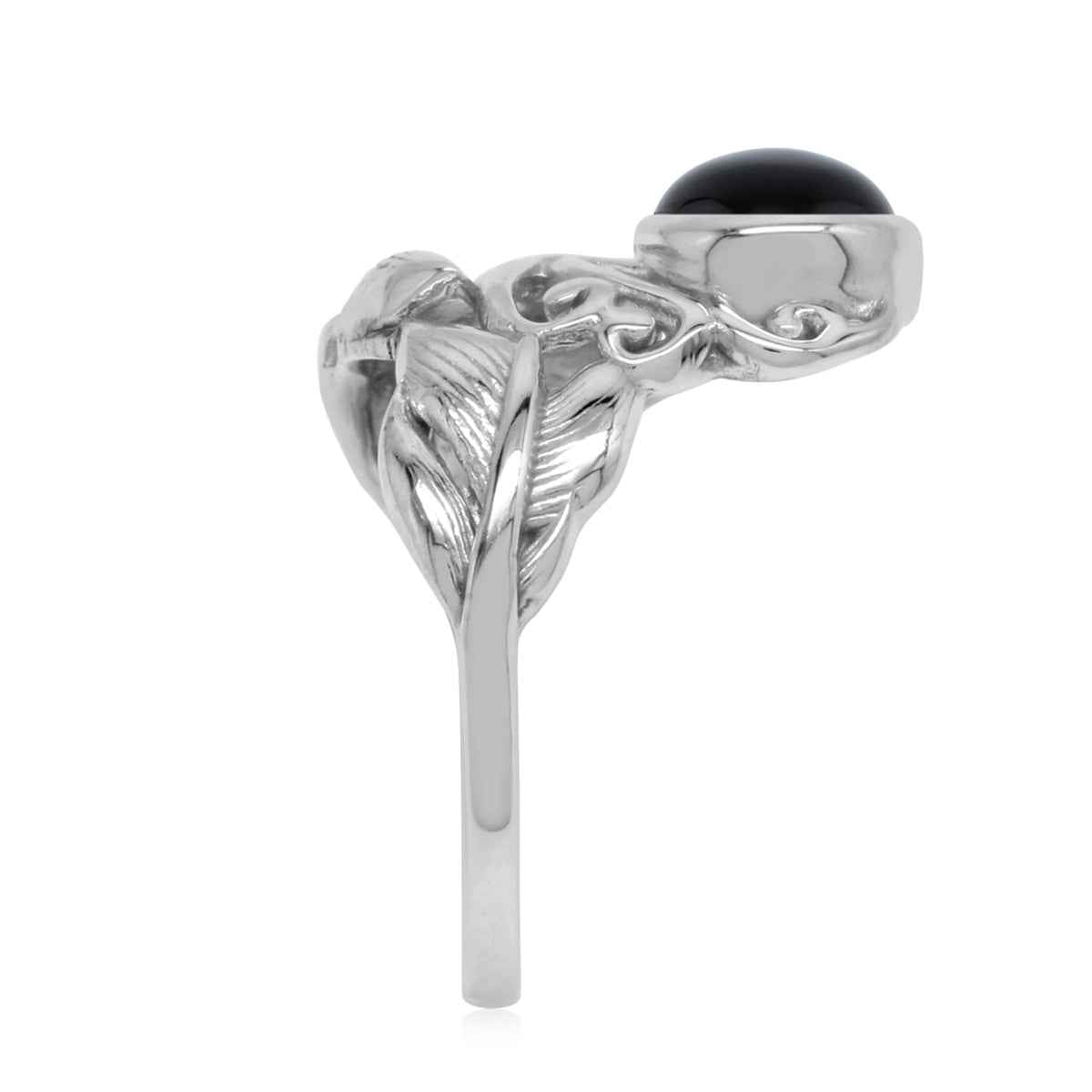 6MM Natural Round Shape Black Onyx Cabochon Gemstone White Gold Plated 925 Sterling Silver Feather Victorian Style Ring