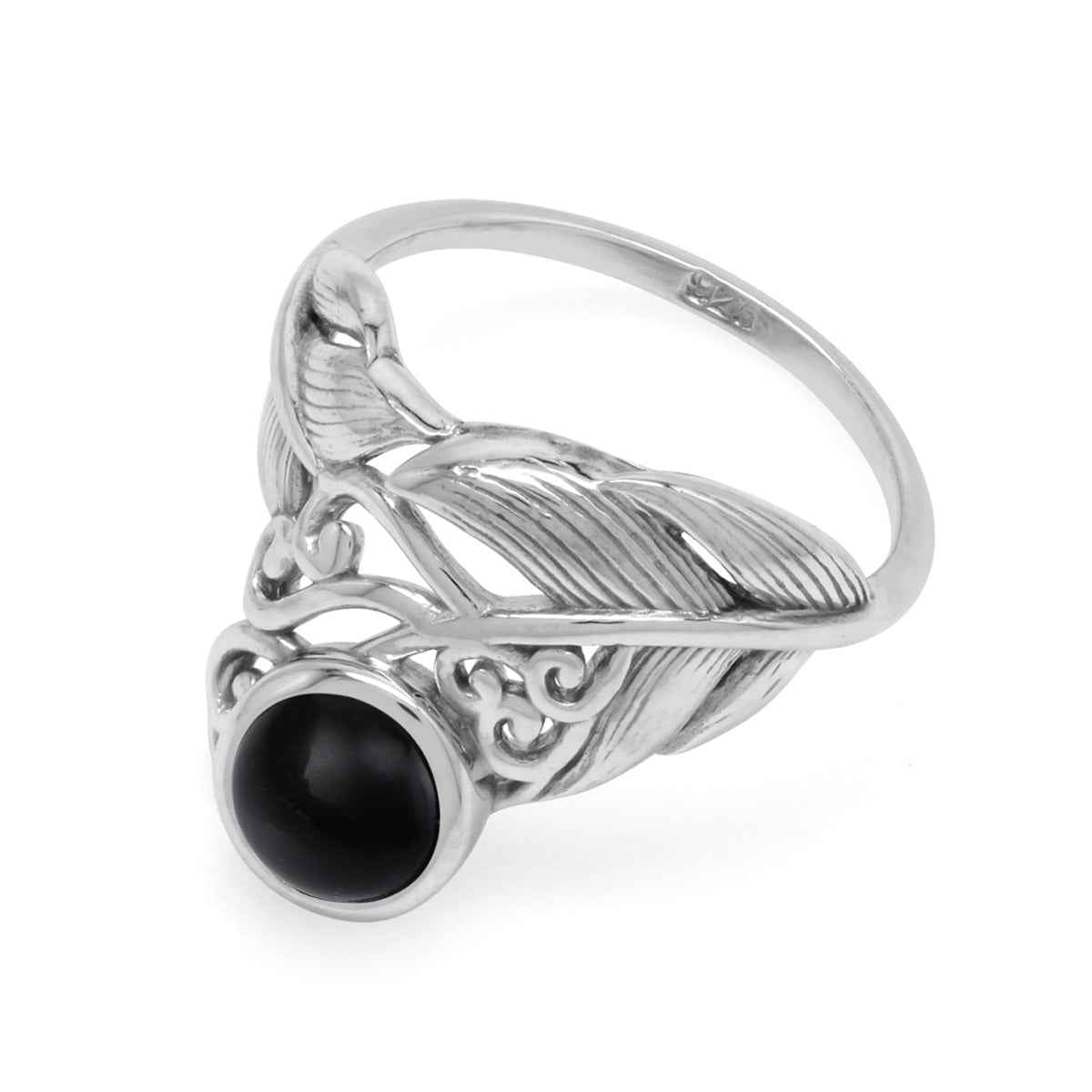 6MM Natural Round Shape Black Onyx Cabochon Gemstone White Gold Plated 925 Sterling Silver Feather Victorian Style Ring