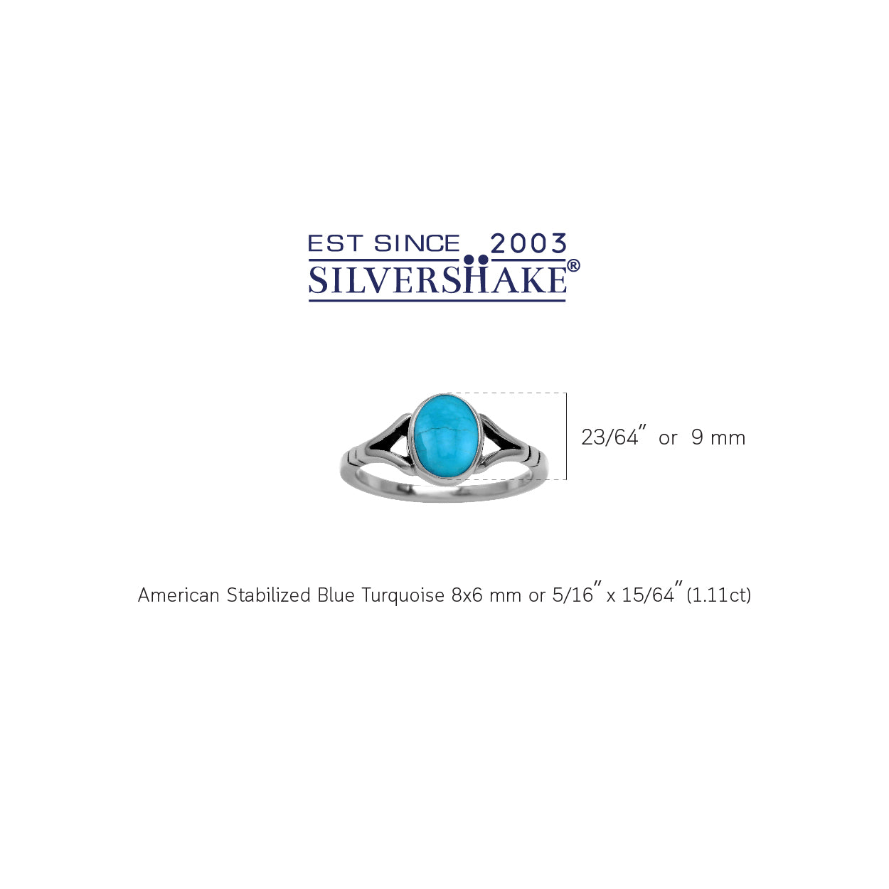 8X6mm American Stabilized Blue Turquoise 925 Sterling Silver Solitaire Casual Gemstone Ring - Silvershake-store