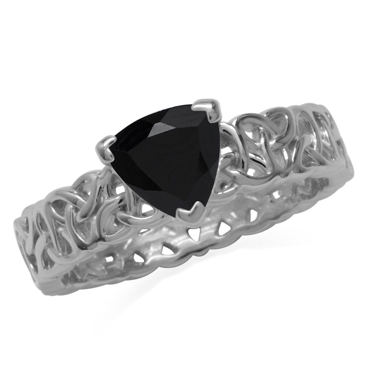 Natural 1 Ct Trilliant Black Onyx 925 Sterling Silver Filigree Triquetra Celtic Knot Eternity Wide Band Ring