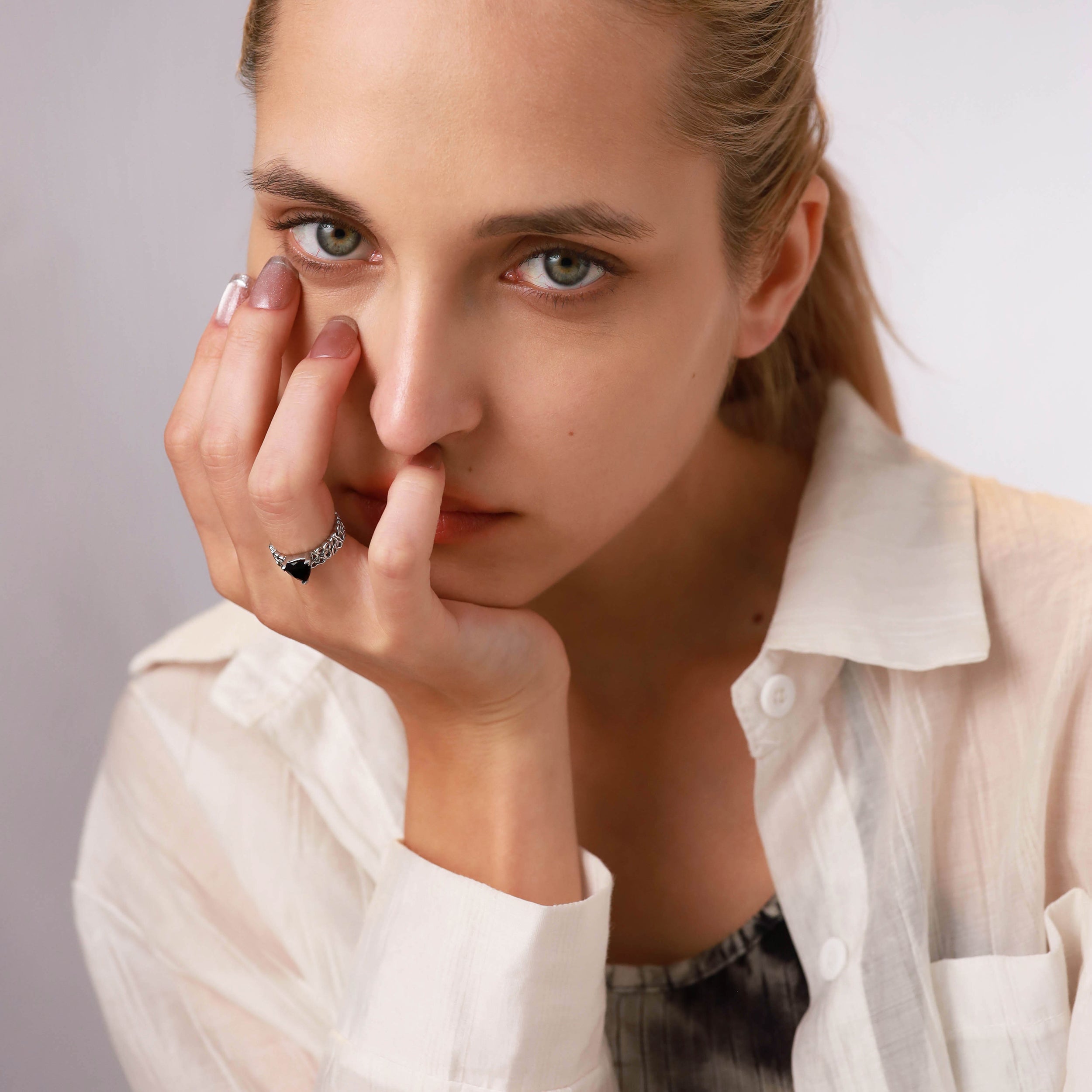 Natural 1 Ct Trilliant Black Onyx 925 Sterling Silver Filigree Triquetra Celtic Knot Eternity Wide Band Ring