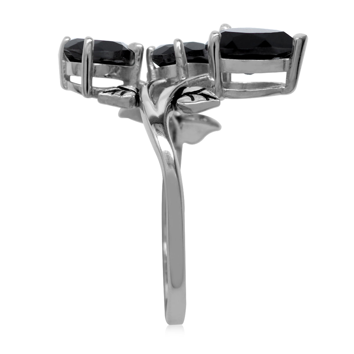 2.85 CTW 3 Stone Natural Black Onyx 925 Sterling Silver Bypass Leaf Vintage Inspired Gemstone Ring Jewelry for Women - Silvershake-store