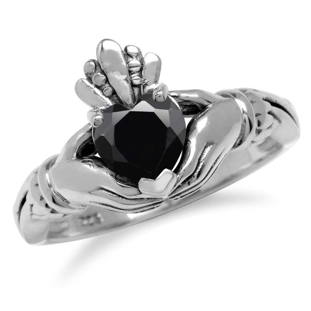 Natural Heart Shape Black Onyx Irish Celtic Claddagh 925 Sterling Silver Friendship Ring - Silvershake-store