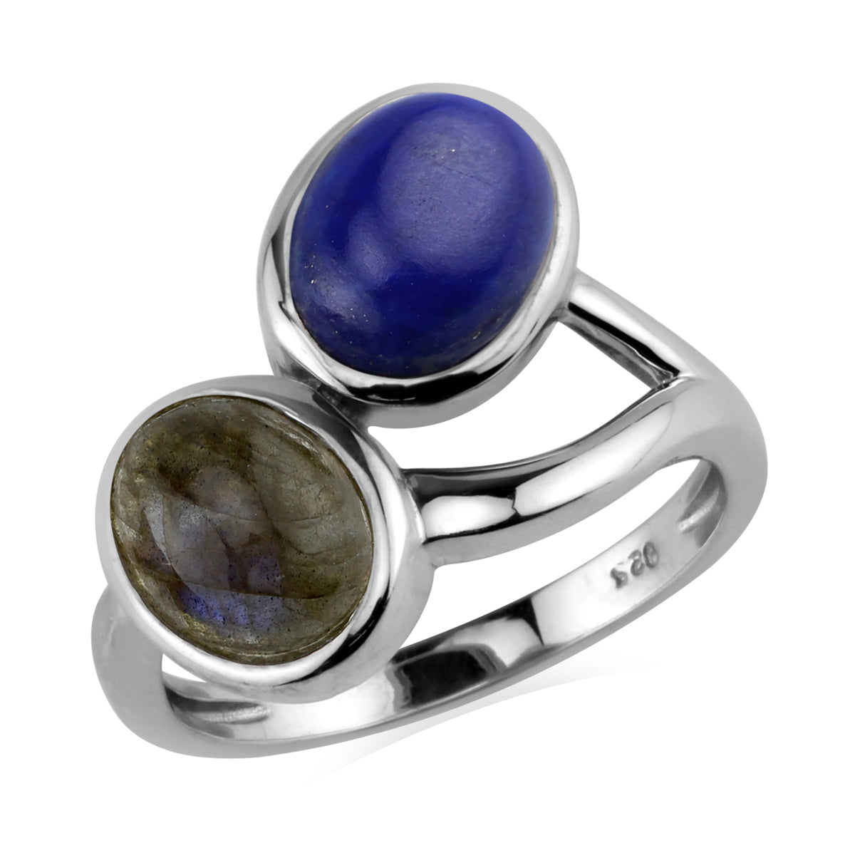 Natural Blue Lapis Lazuli and Labradorite 9X7mm 925 Sterling Silver Casual Cabochon Ring silvershake