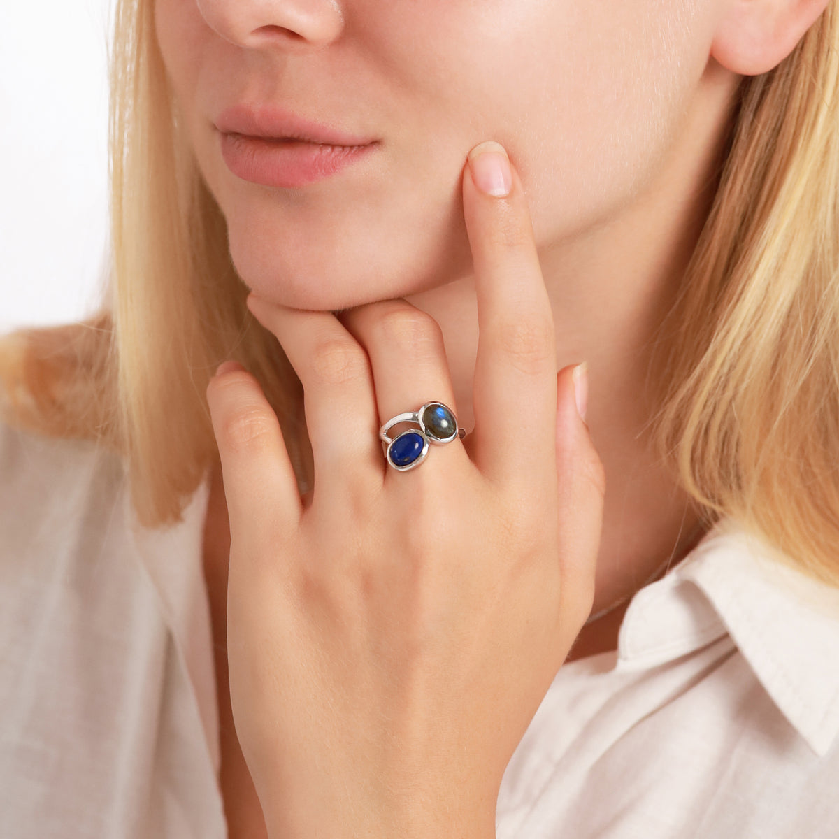 Natural Blue Lapis Lazuli and Labradorite 9X7mm 925 Sterling Silver Casual Cabochon Ring silvershake
