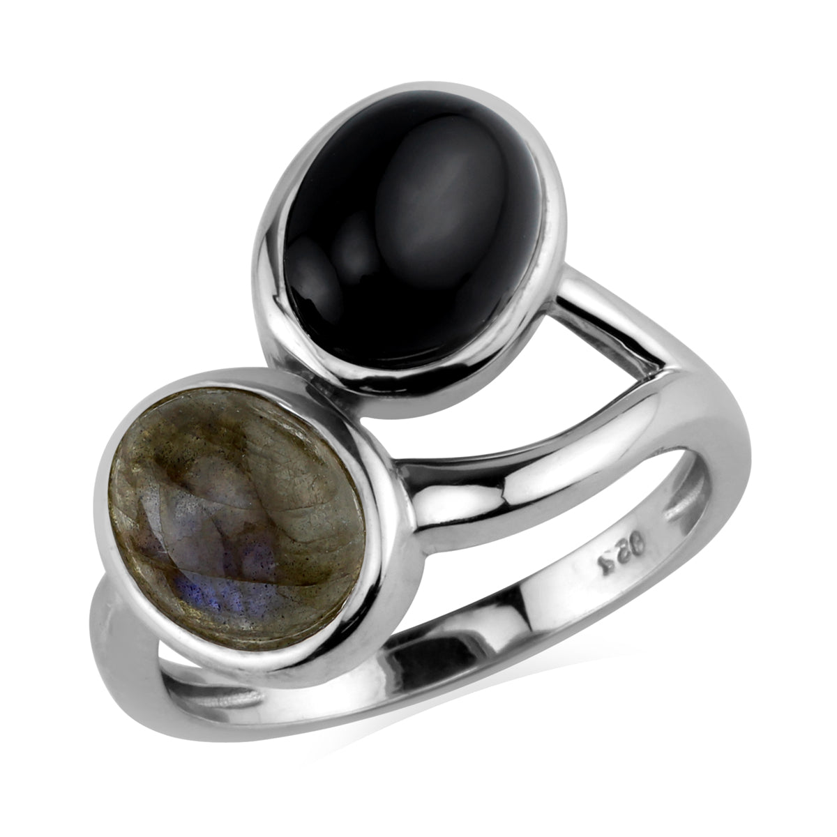 Twin Natural Black Onyx and Labradorite 9X7mm 925 Sterling Silver Casual Cabochon Ring silvershake