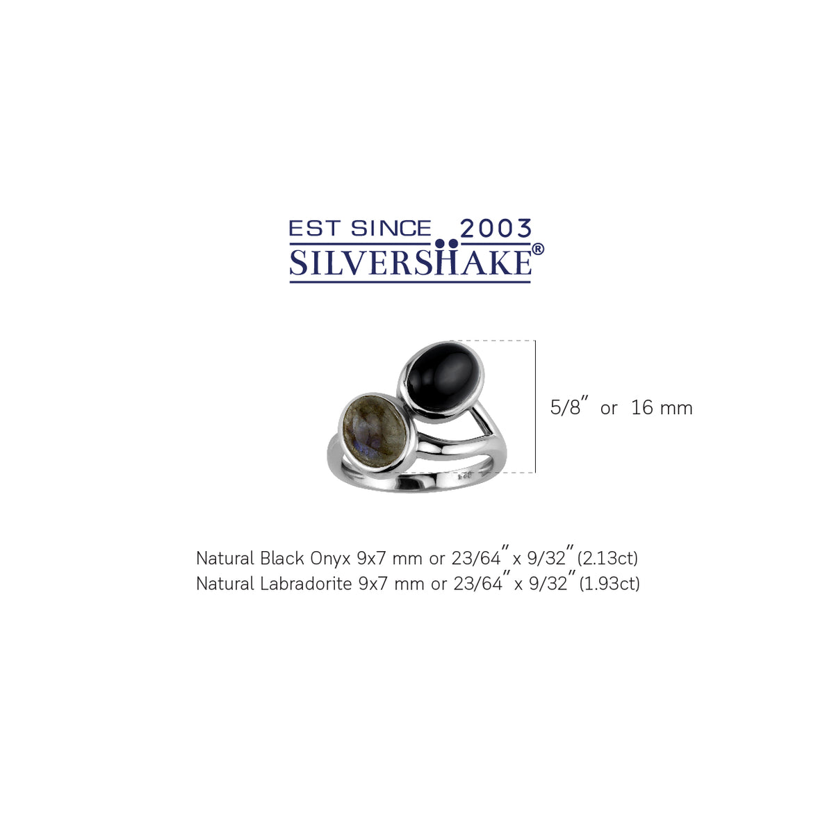 Twin Natural Black Onyx and Labradorite 9X7mm 925 Sterling Silver Casual Cabochon Ring silvershake