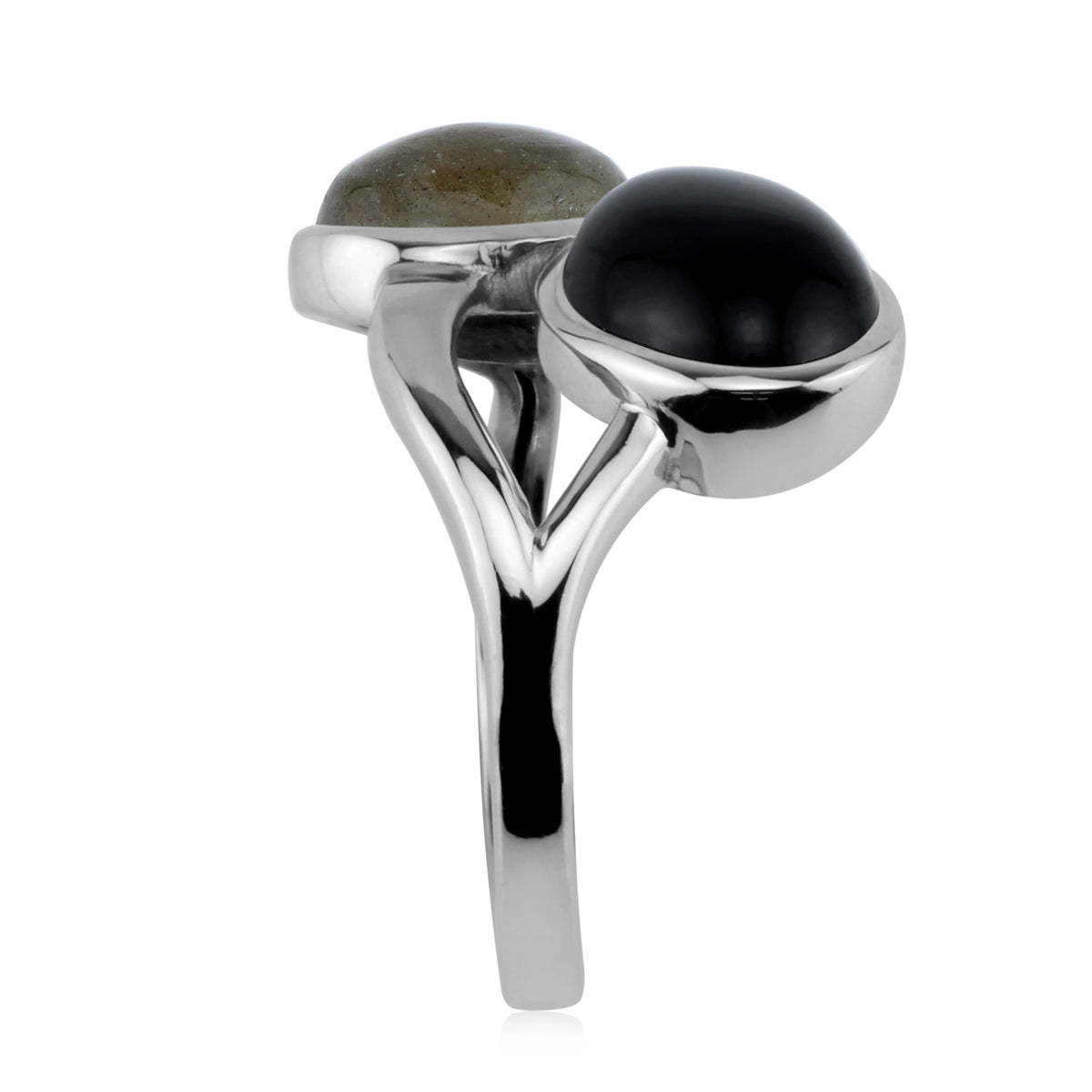 Twin Natural Black Onyx and Labradorite 9X7mm 925 Sterling Silver Casual Cabochon Ring silvershake