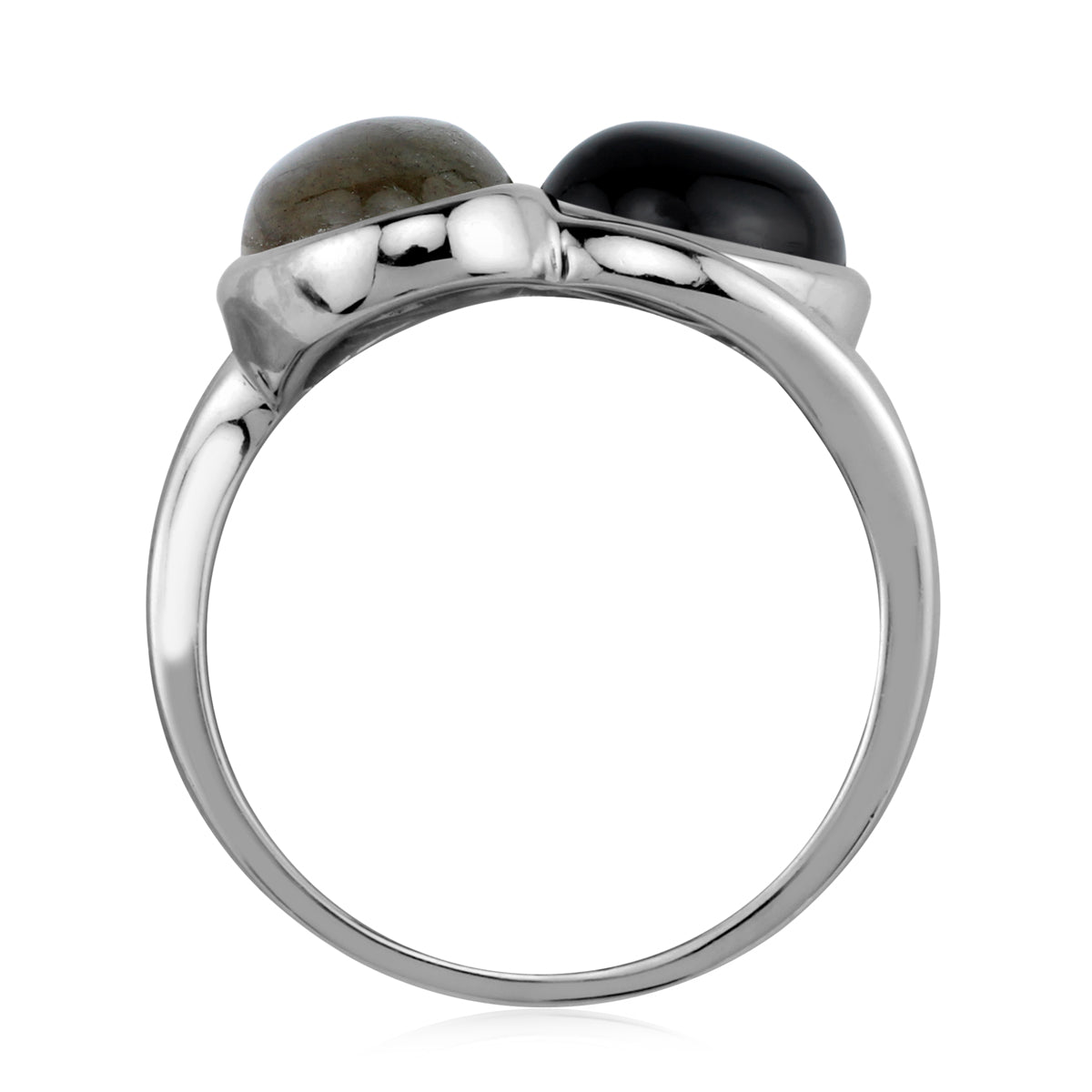 Twin Natural Black Onyx and Labradorite 9X7mm 925 Sterling Silver Casual Cabochon Ring silvershake