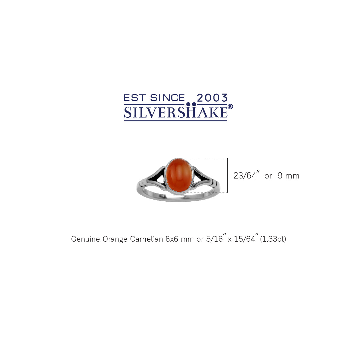 8X6mm Genuine Orange Carnelian 925 Sterling Silver Solitaire Casual Gemstone Ring - Silvershake-store