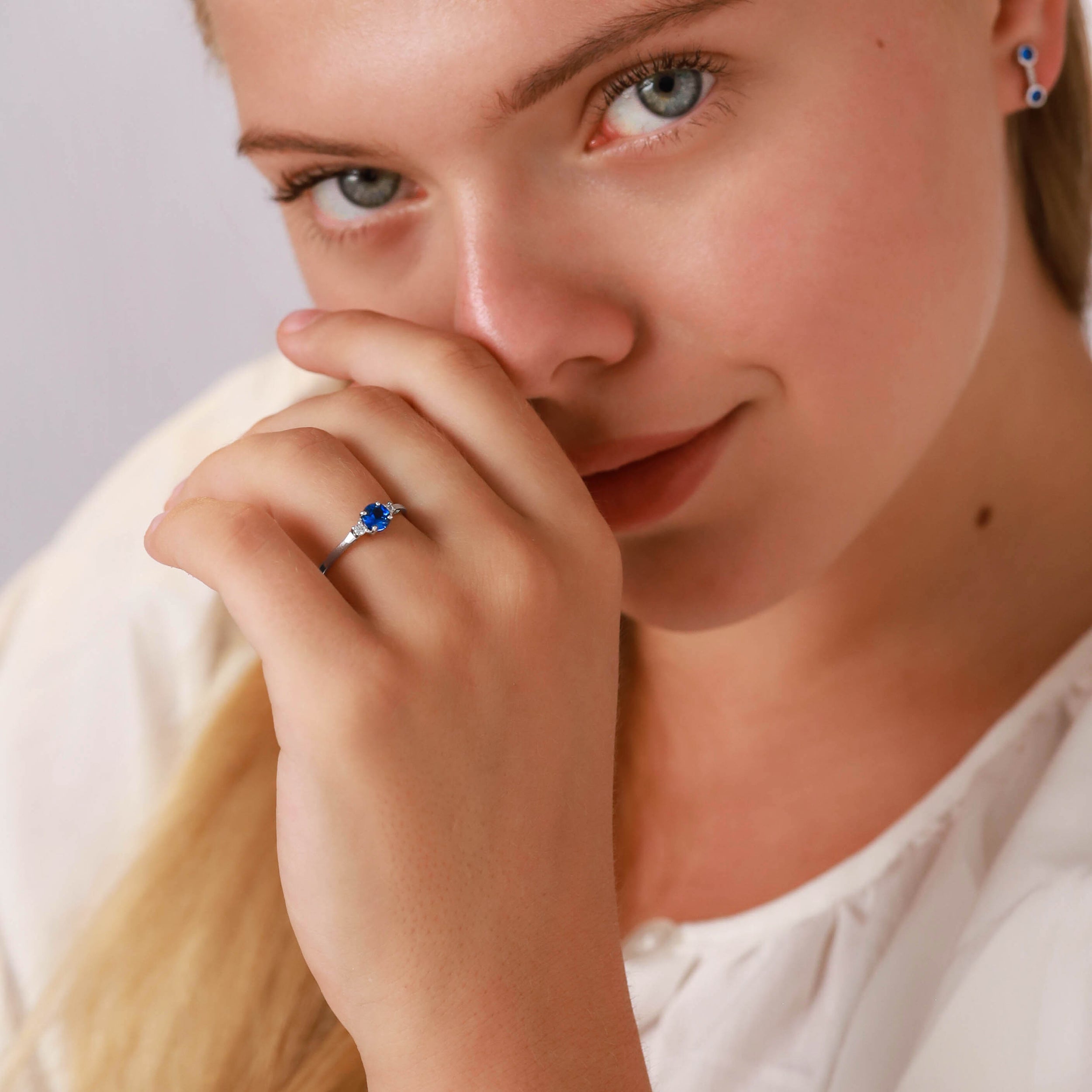 5mm Petite Created Round Shape Blue Sapphire 925 Sterling Silver Promise Gemstone Ring - Silvershake-store