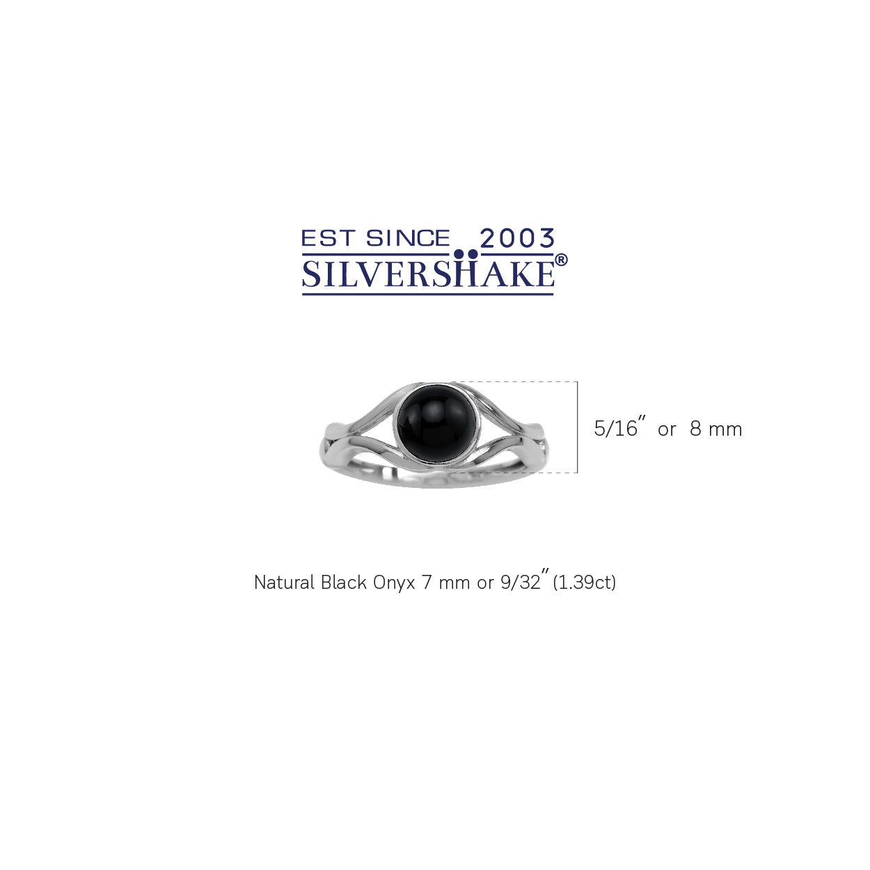 7mm Natural Black Onyx White Gold Plated 925 Sterling Silver Solitaire Casual Gemstone Ring - Silvershake-store