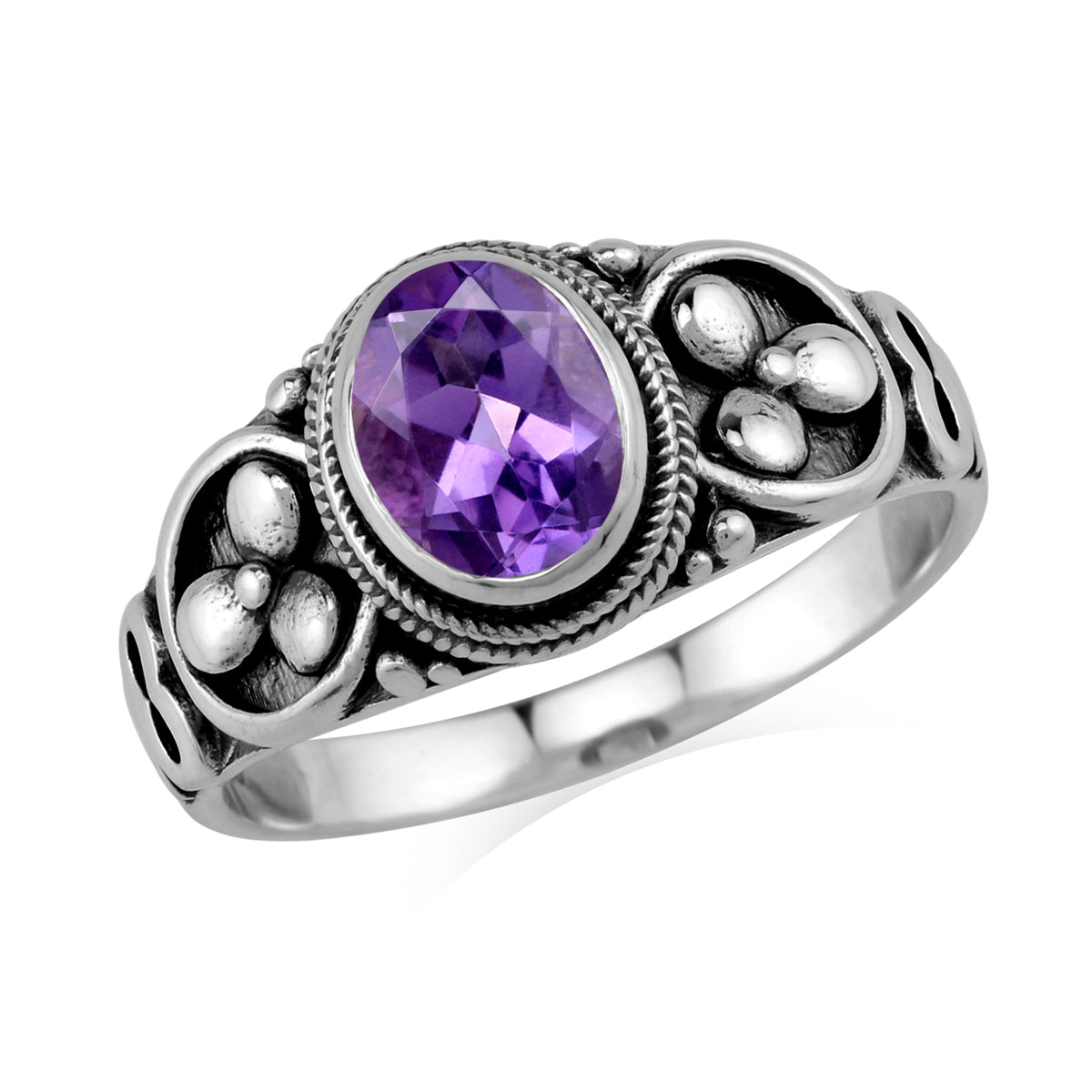 1.08 CTW 8X6mm Genuine Oval Shape Purple Amethyst 925 Sterling Silver Balinese Style Ring February Birthstone Gemstone