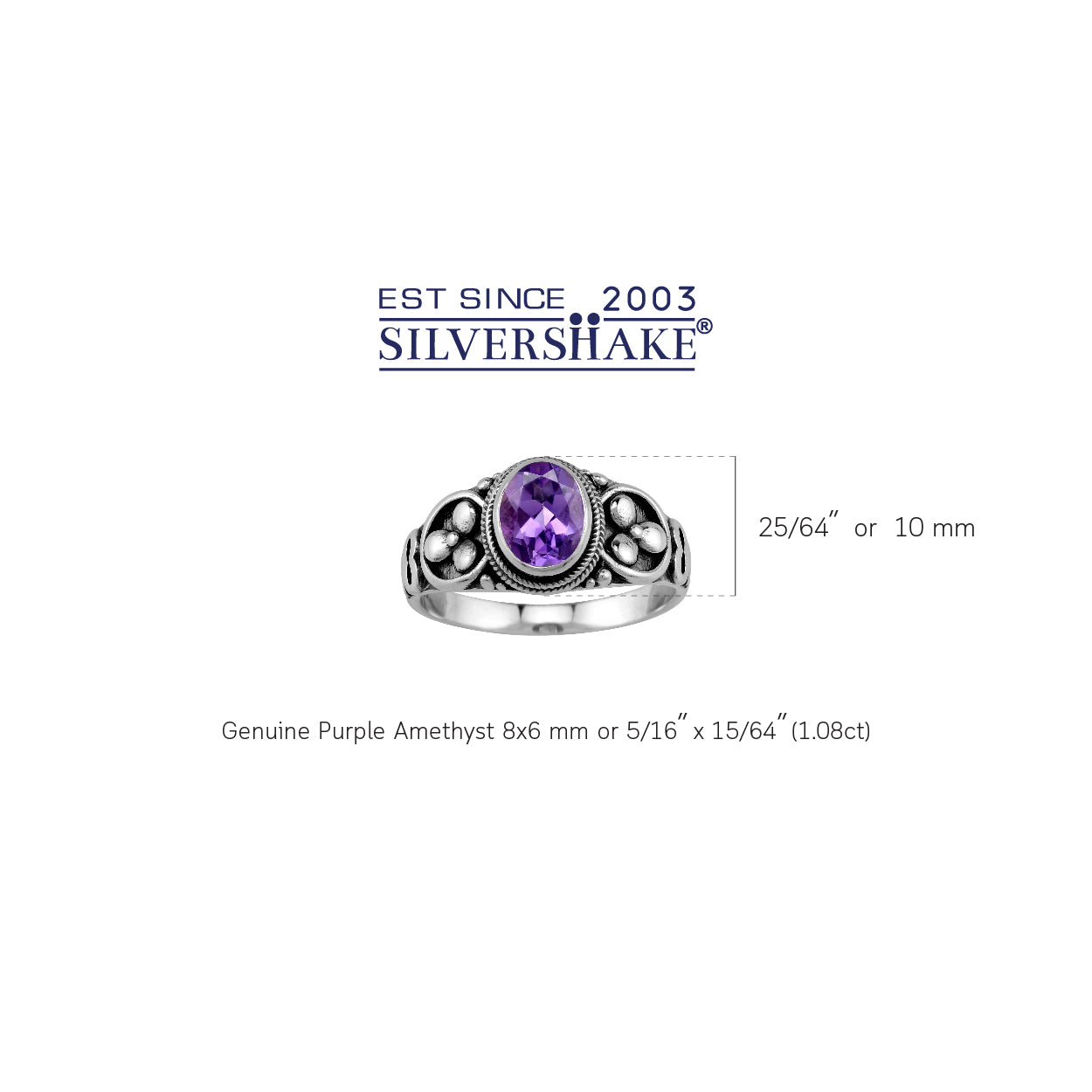 1.08 CTW 8X6mm Genuine Oval Shape Purple Amethyst 925 Sterling Silver Balinese Style Ring February Birthstone Gemstone