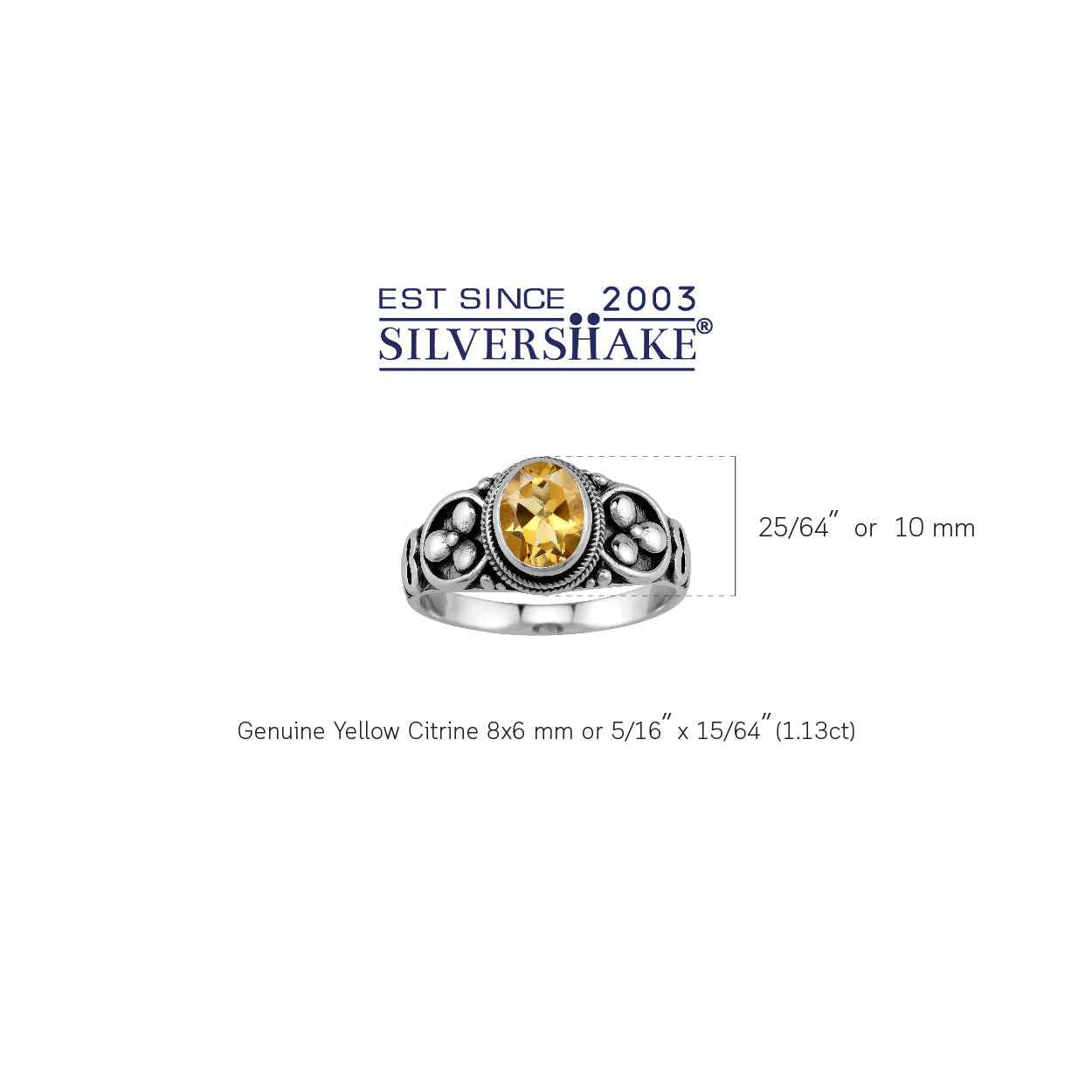 1.13 CTW 8X6mm Genuine Oval Shape Yellow Citrine 925 Sterling Silver Balinese Style Ring November Birthstone Gemstone