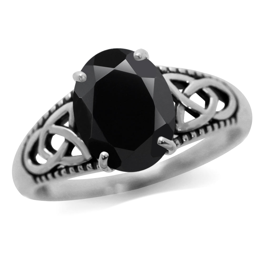 2.19 CTW 10X8mm Natural Oval Shape Black Onyx 925 Sterling Silver Triquetra Celtic Knot Solitaire Gemstone Ring Jewelry for Women - Silvershake-store