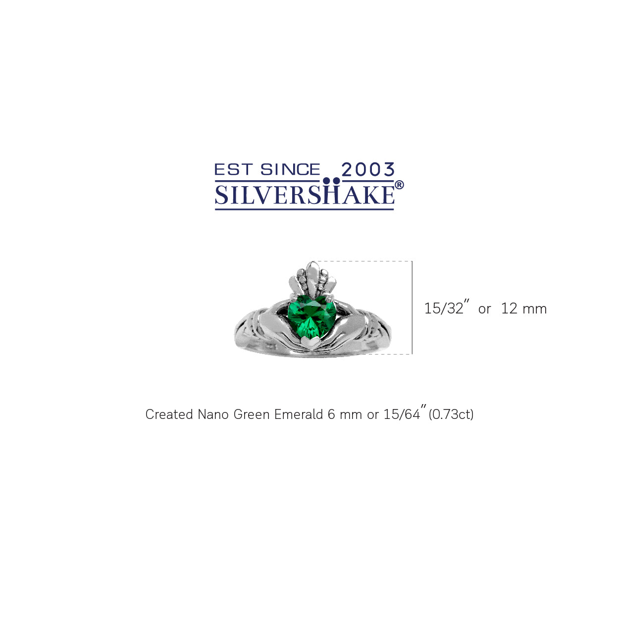 6MM Heart Shape Created Nano Green Emerald Irish Celtic Claddagh 925 Sterling Silver Friendship Ring May Gemstone Birthstone - Silvershake-store