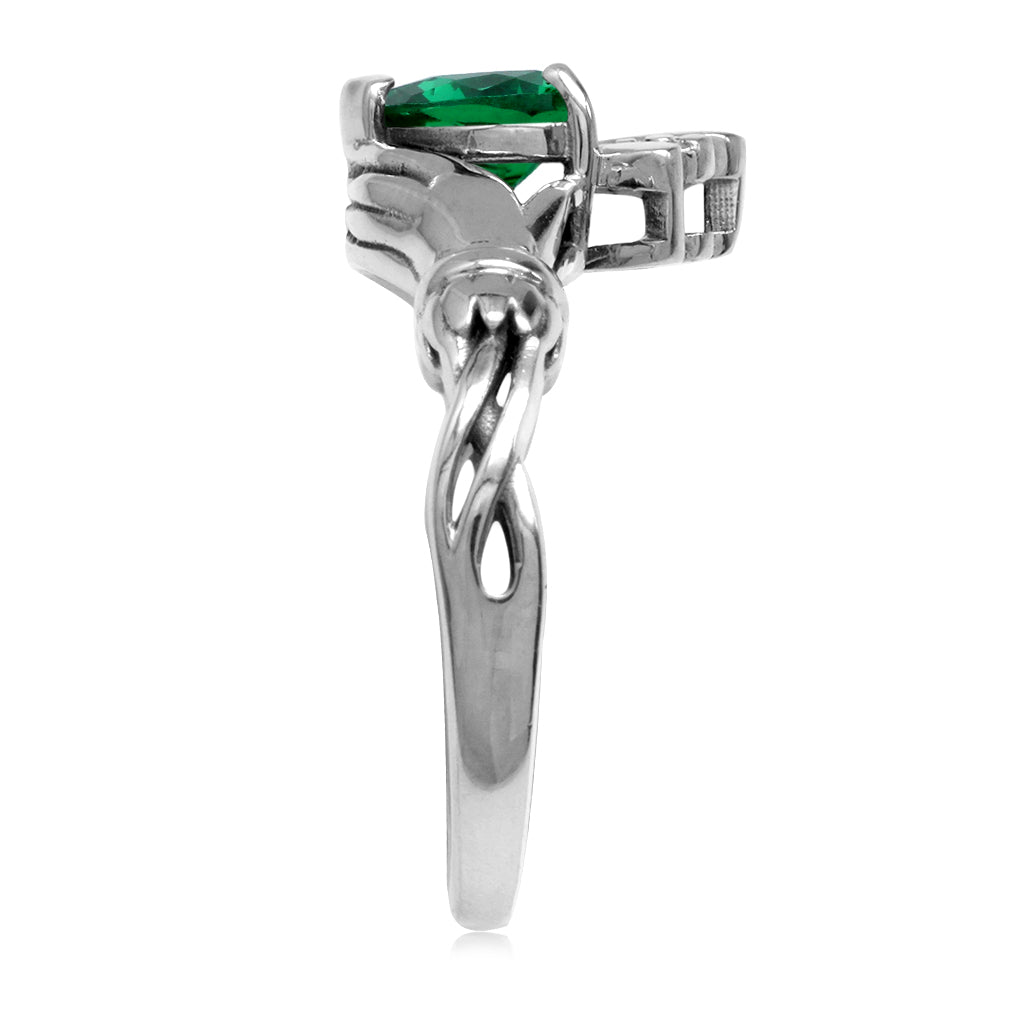 6MM Heart Shape Created Nano Green Emerald Irish Celtic Claddagh 925 Sterling Silver Friendship Ring May Gemstone Birthstone - Silvershake-store