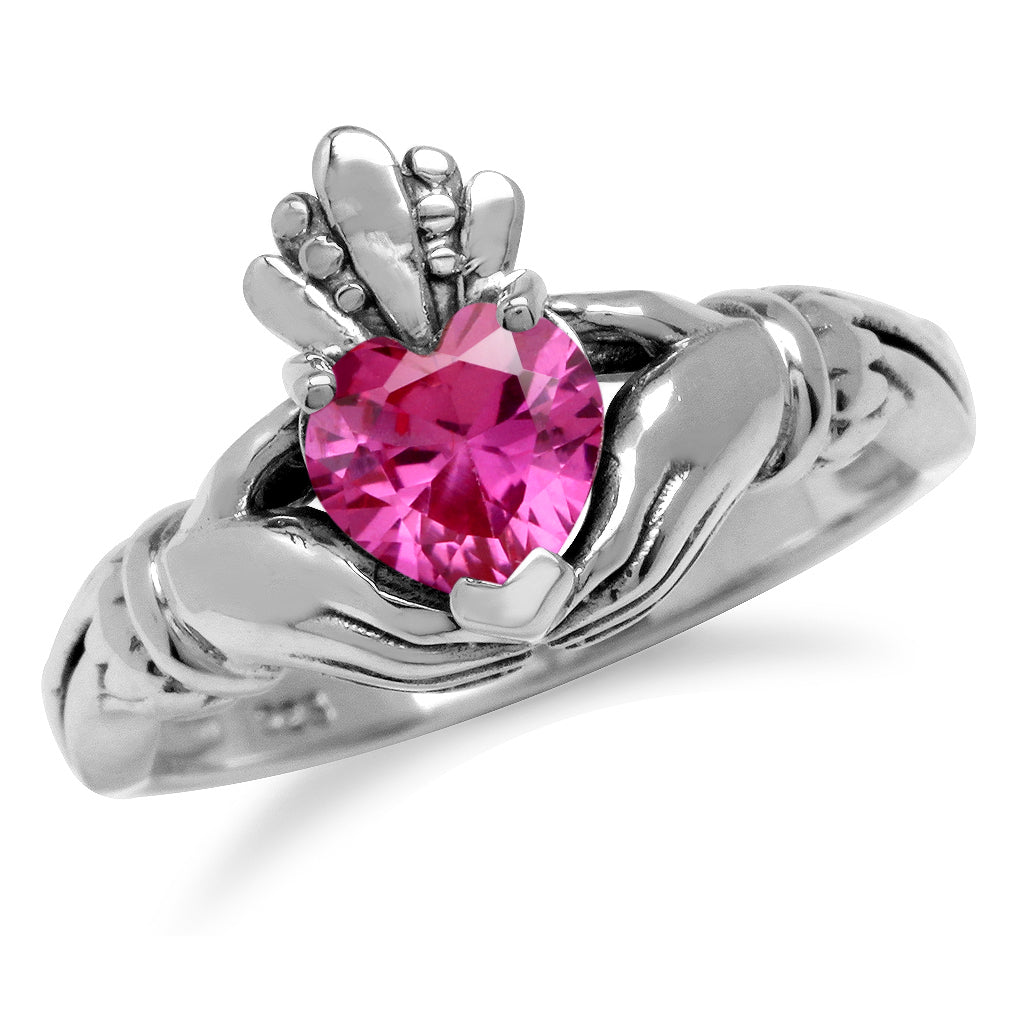 6MM Heart Shape Created Pink Tourmaline Irish Celtic Claddagh 925 Sterling Silver Friendship Ring October Gemstone Birthstone - Silvershake-store