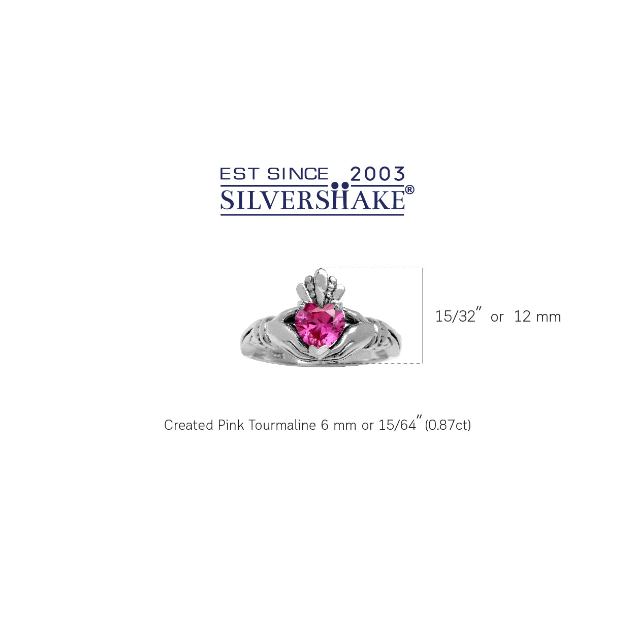 6MM Heart Shape Created Pink Tourmaline Irish Celtic Claddagh 925 Sterling Silver Friendship Ring October Gemstone Birthstone - Silvershake-store