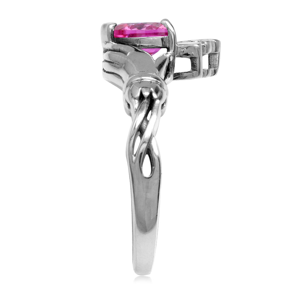 6MM Heart Shape Created Pink Tourmaline Irish Celtic Claddagh 925 Sterling Silver Friendship Ring October Gemstone Birthstone - Silvershake-store