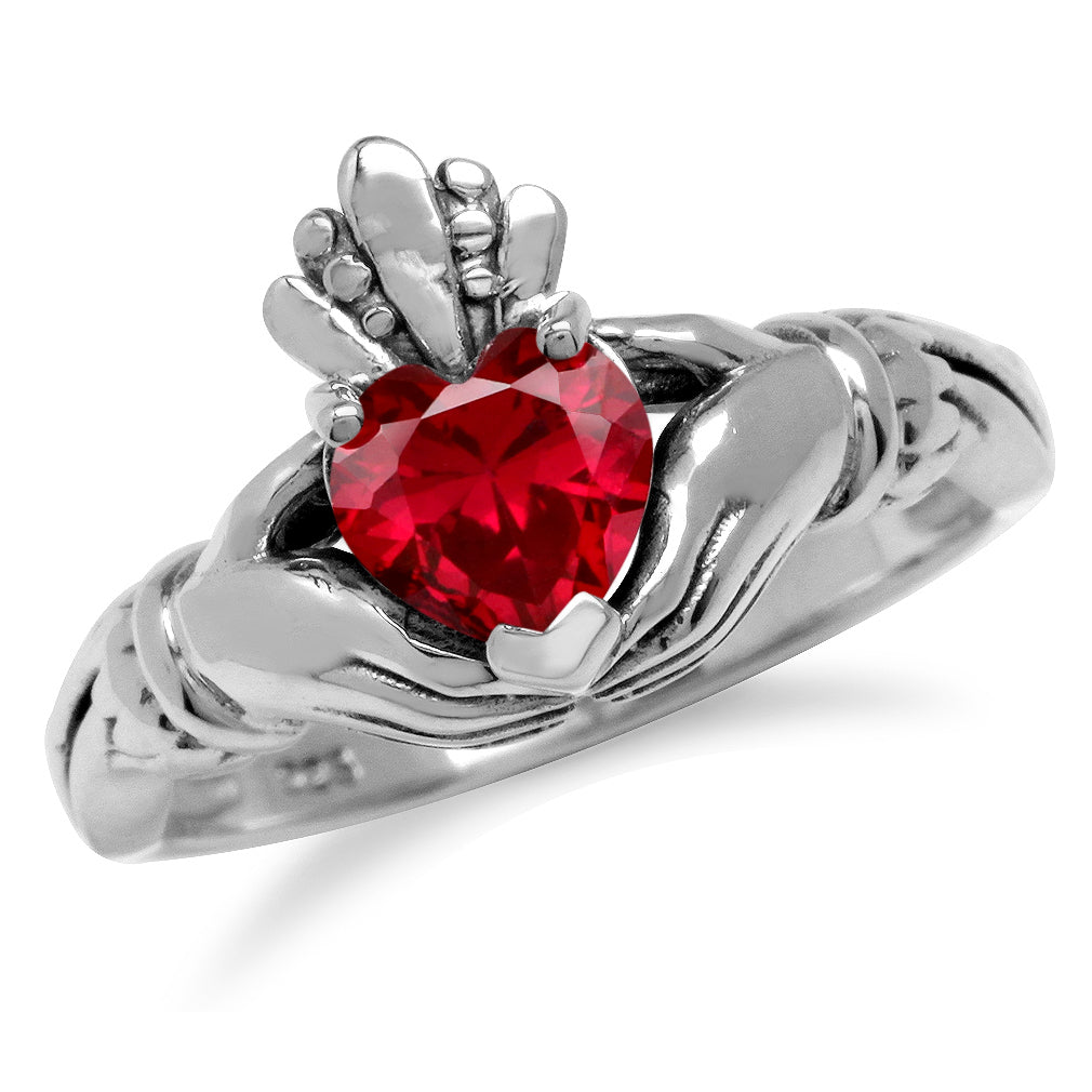 6MM Heart Shape Simulated Red Ruby Irish Celtic Claddagh 925 Sterling Silver Friendship Ring July Gemstone Birthstone - Silvershake-store