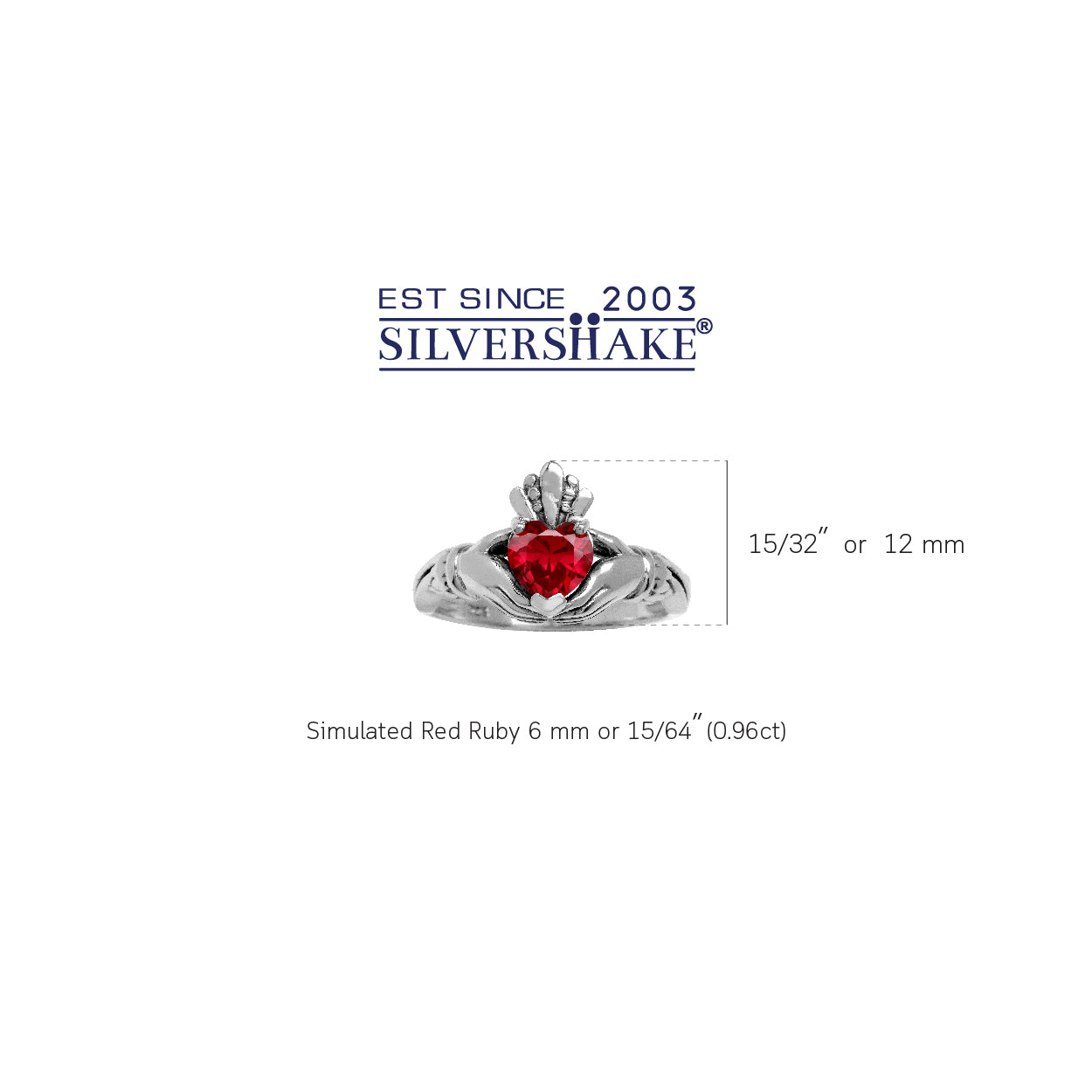 6MM Heart Shape Simulated Red Ruby Irish Celtic Claddagh 925 Sterling Silver Friendship Ring July Gemstone Birthstone - Silvershake-store