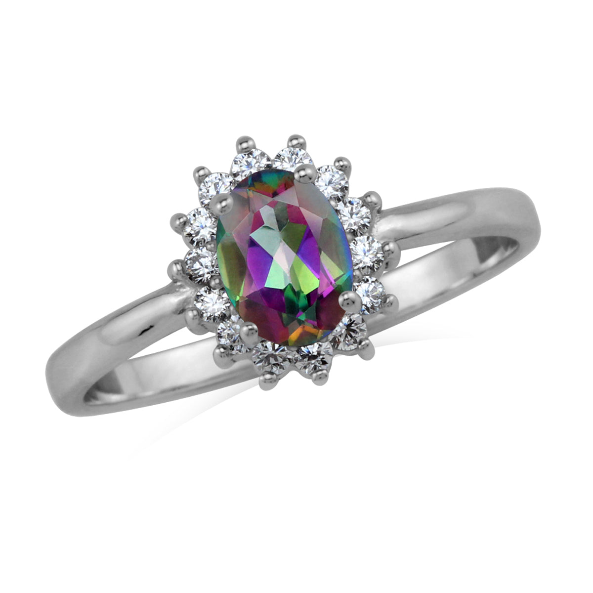 Petite 7X5mm Genuine Oval Shape Mystic Fire Rainbow Topaz White Gold Plated 925 Sterling Silver Flower Cluster Gemstone Engagement and Promise Gemstone Ring - Silvershake-store