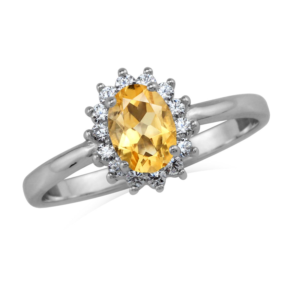 Petite 7X5mm Genuine Oval Shape Yellow Citrine White Gold Plated 925 Sterling Silver Flower Cluster Engagement and Promise Ring November Gemstone Birthstone - Silvershake-store