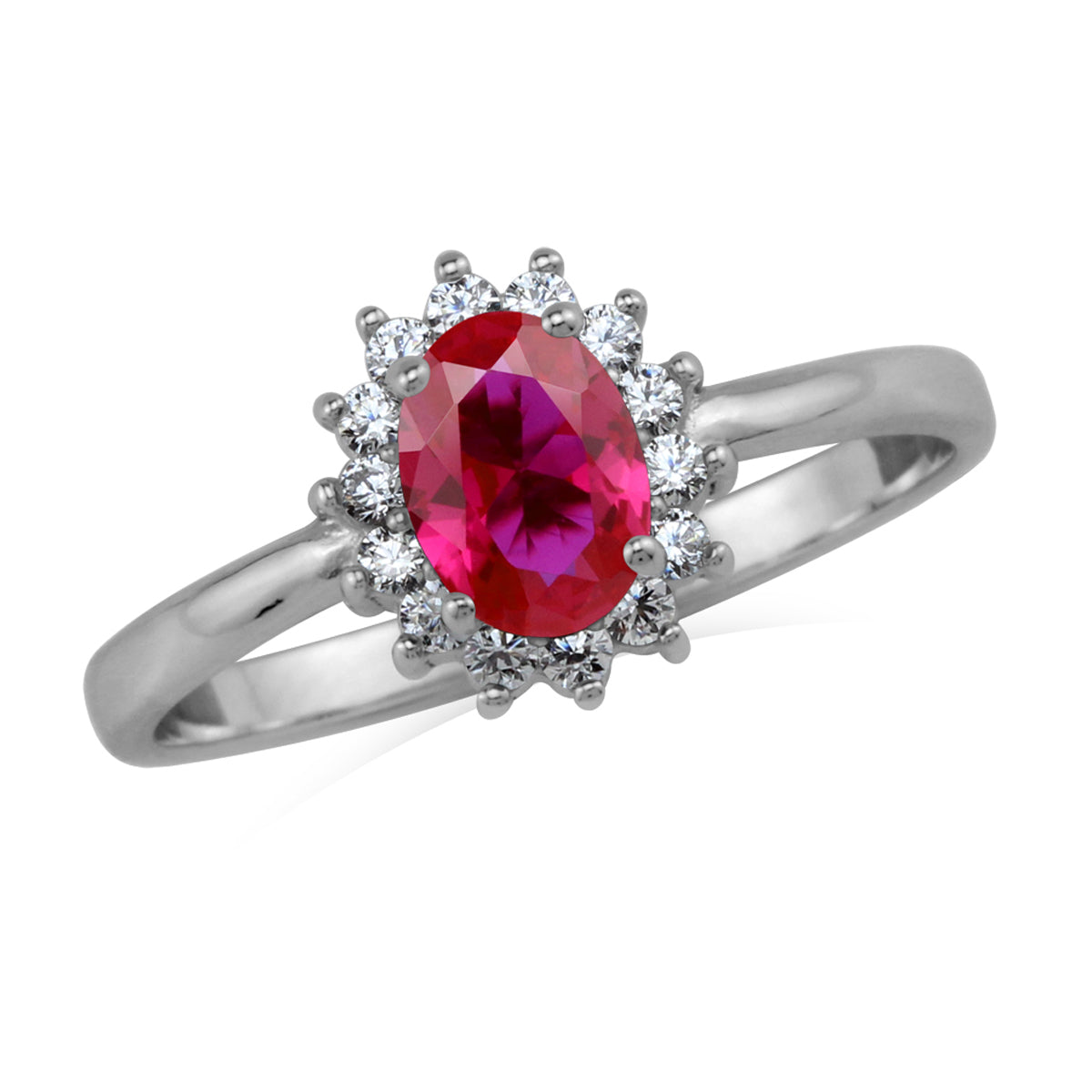 Petite 7X5mm Simulated Oval Shape Red Ruby White Gold Plated 925 Sterling Silver Flower Cluster Engagement and Promise Ring July Gemstone Birthstone - Silvershake-store