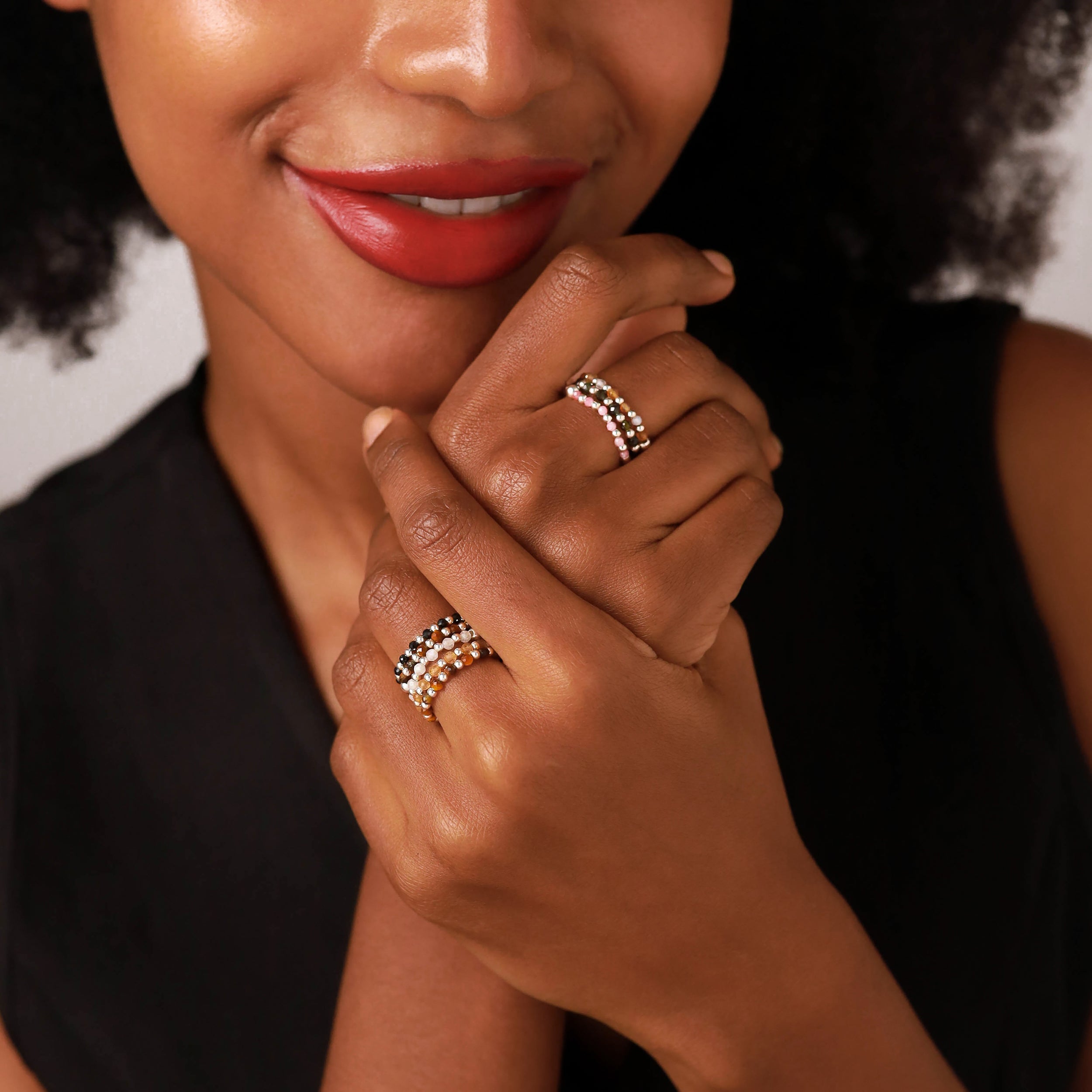 2MM Natural Orange Agate Gemstone Bead 925 Sterling Silver Minimalist Stack/Stackable Adjustable Ring Jewelry for Women - Silvershake-store