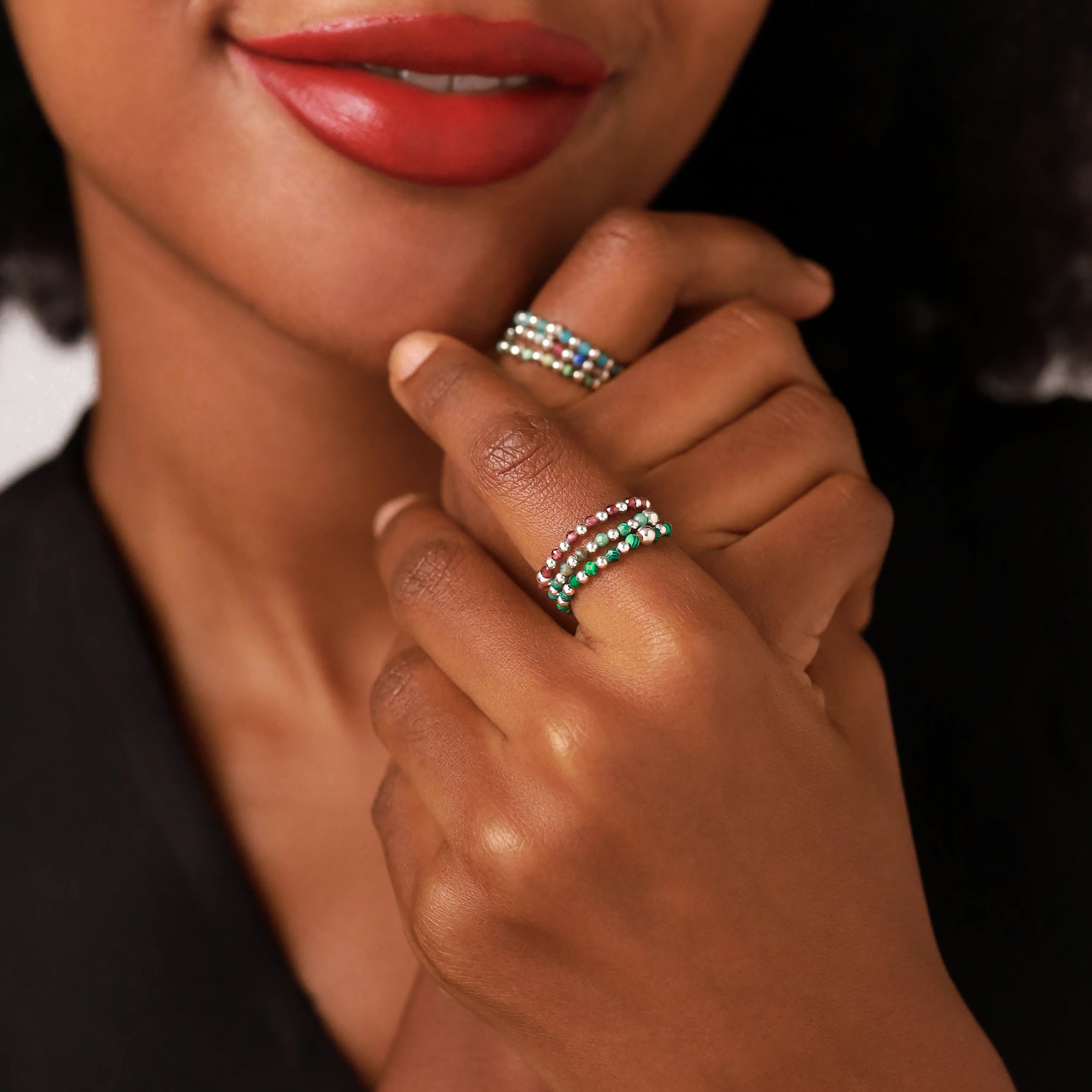 2MM Natural Rhodolite Garnet Gemstone Bead 925 Sterling Silver Minimalist Stack/Stackable Adjustable Ring Jewelry for Women - Silvershake-store