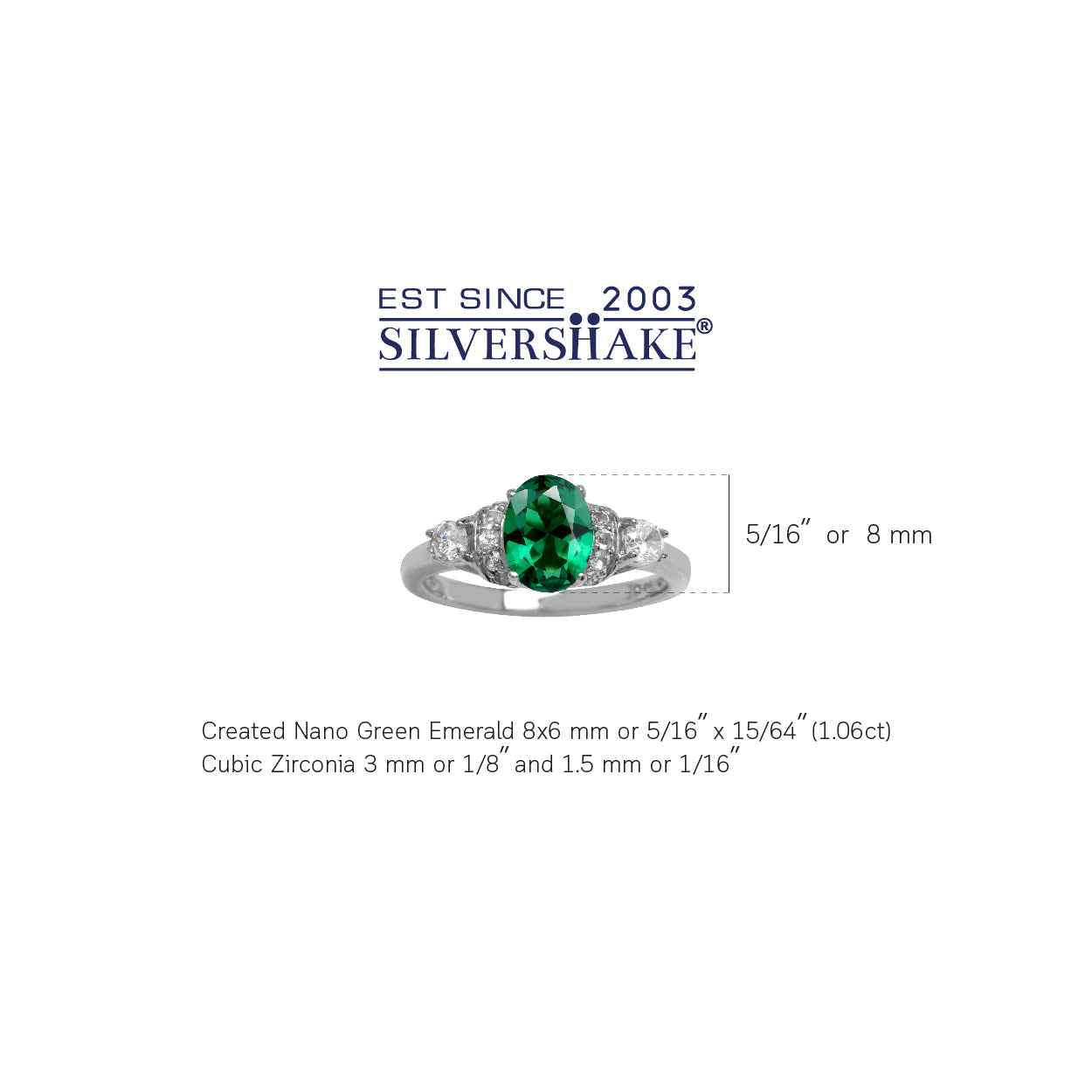 8X6mm Oval Shape Created Nano Green Emerald White Gold Plated 925 Sterling Silver Right Hand Ring