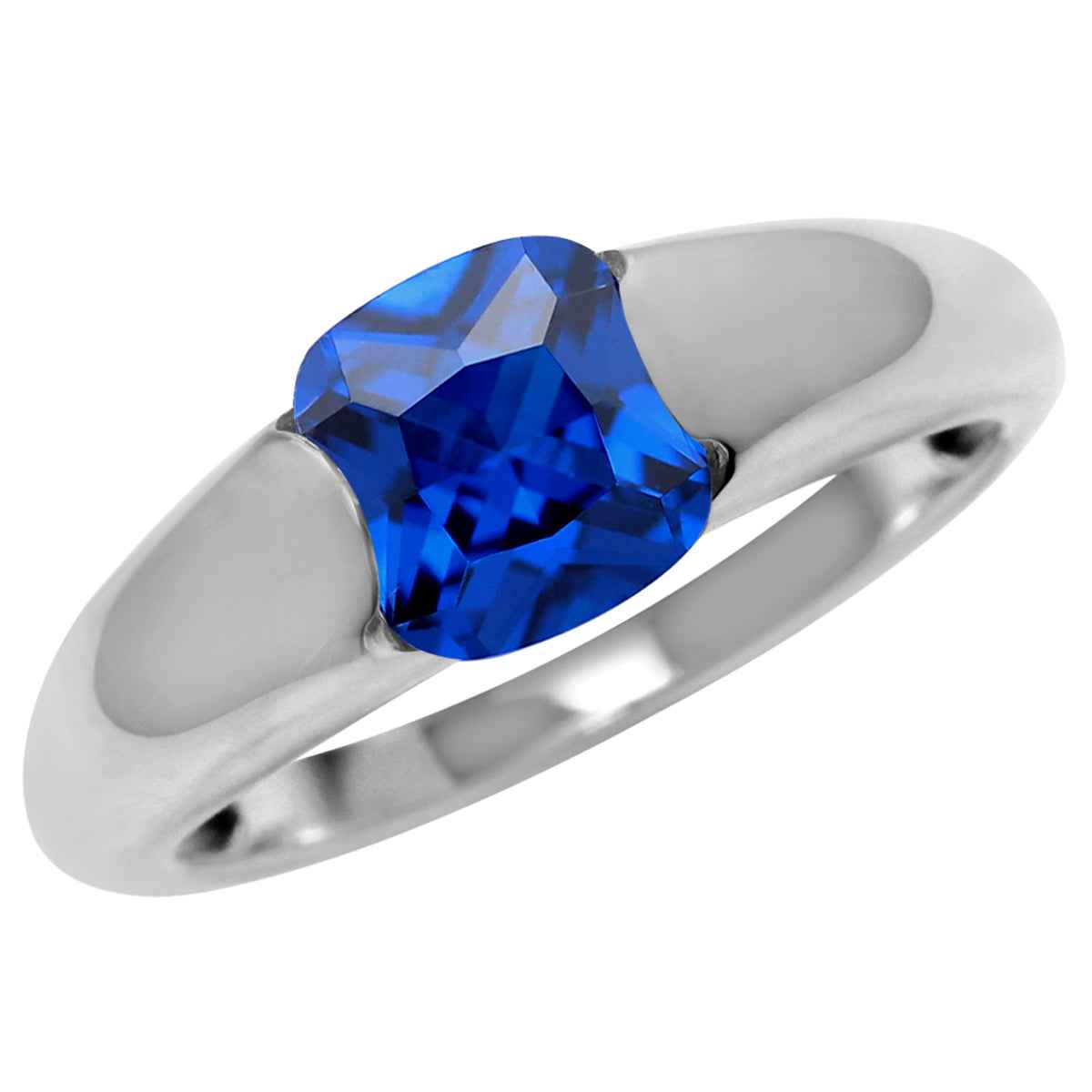 6MM Created Cushion Shape Blue Sapphire White Gold Plated 925 Sterling Silver Solitaire Ring