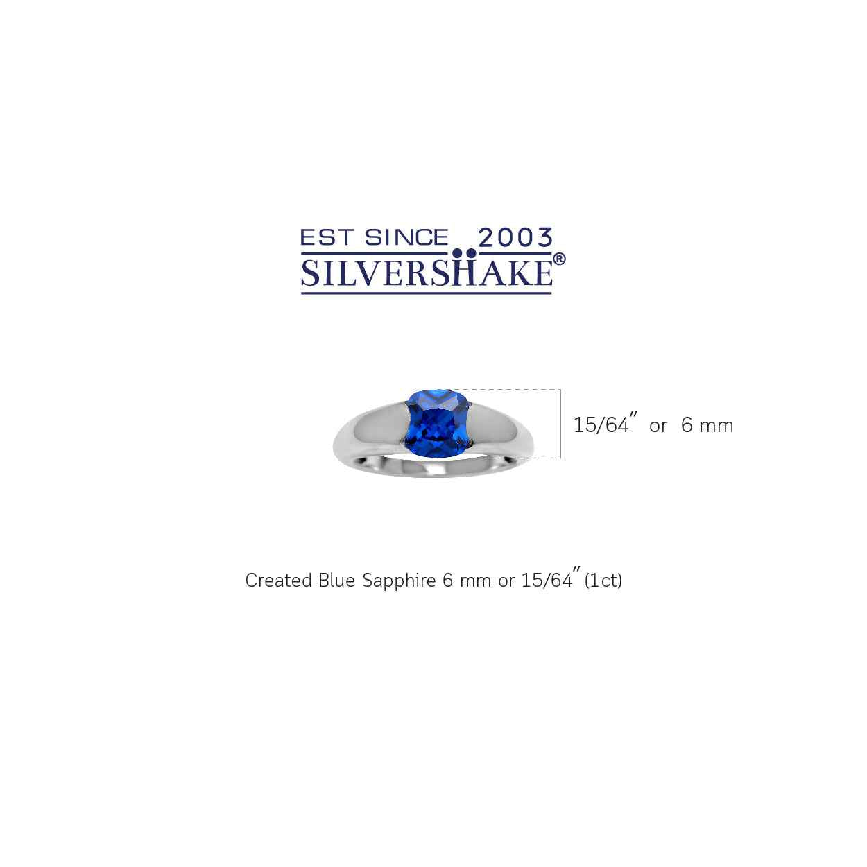6MM Created Cushion Shape Blue Sapphire White Gold Plated 925 Sterling Silver Solitaire Ring