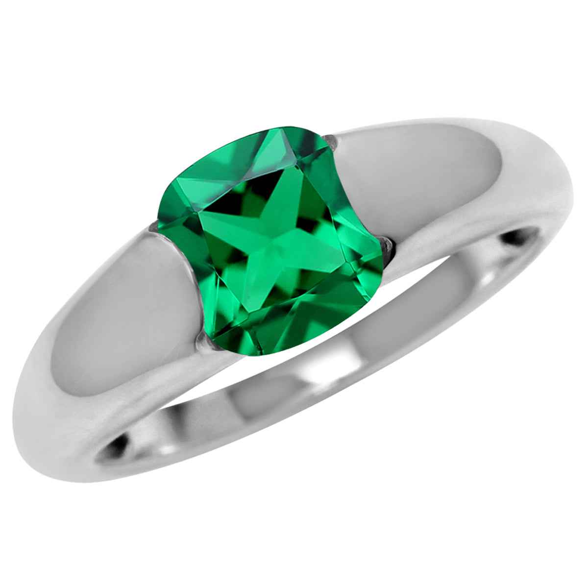 6MM Created Cushion Shape Nano Green Emerald White Gold Plated 925 Sterling Silver Solitaire Ring