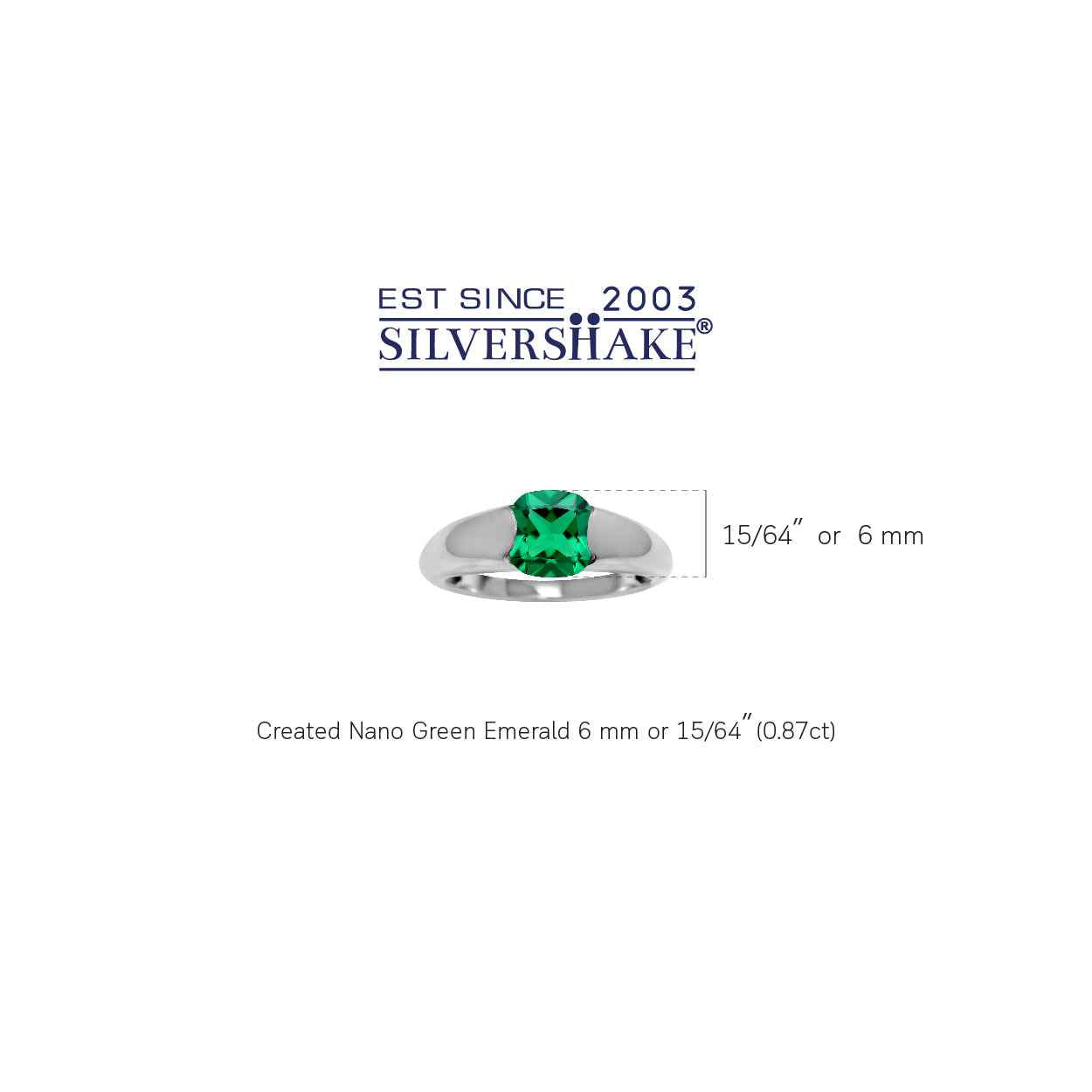 6MM Created Cushion Shape Nano Green Emerald White Gold Plated 925 Sterling Silver Solitaire Ring
