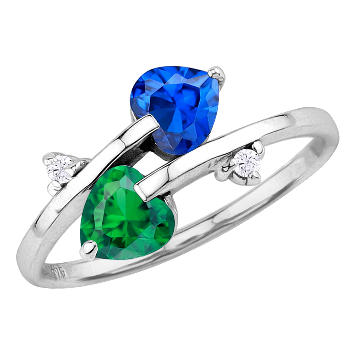 Created Nano Green Emerald and Blue Sapphire 925 Sterling Silver Trendy Twin Heart Bypass Ring silvershake