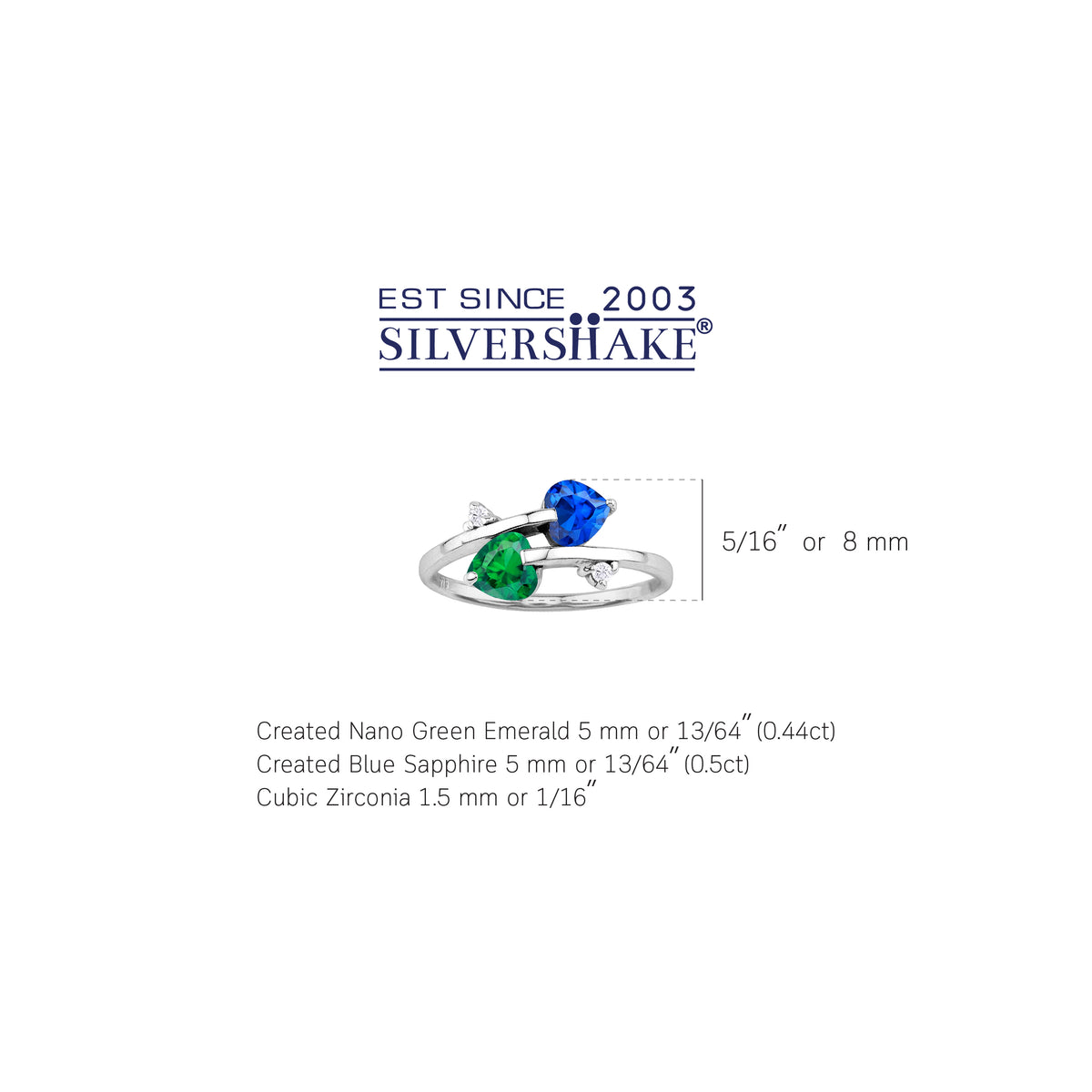Created Nano Green Emerald and Blue Sapphire 925 Sterling Silver Trendy Twin Heart Bypass Ring silvershake