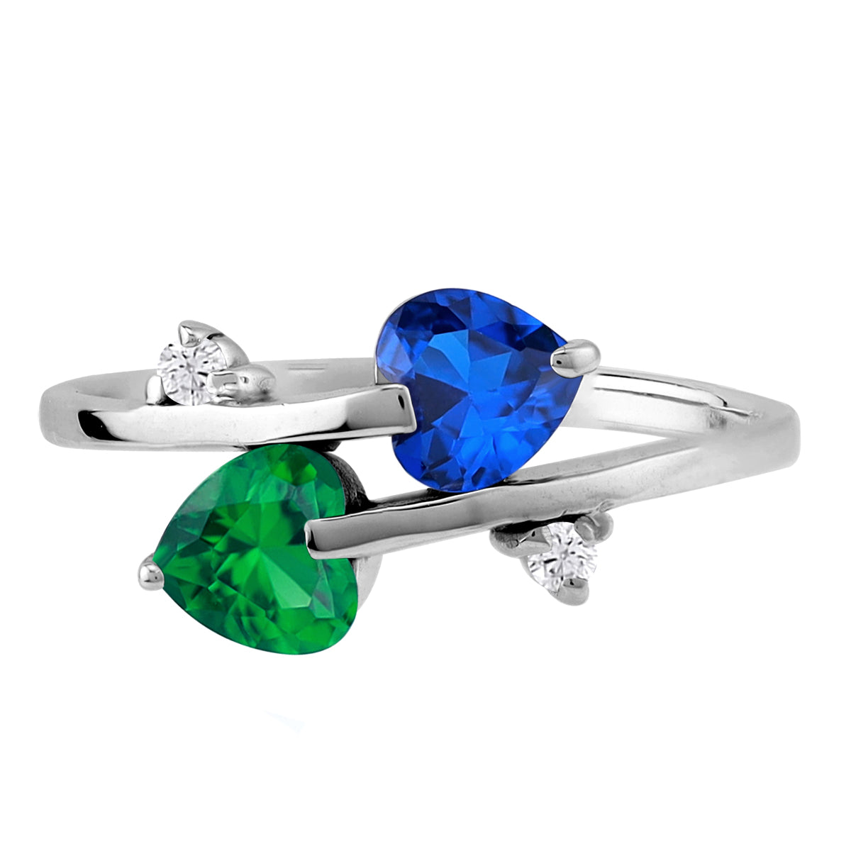 Created Nano Green Emerald and Blue Sapphire 925 Sterling Silver Trendy Twin Heart Bypass Ring silvershake