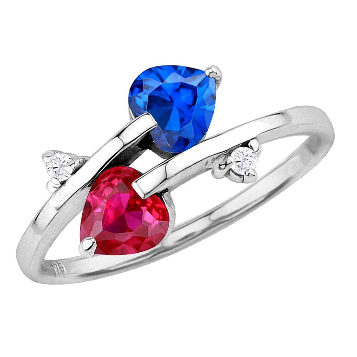 Created Blue Sapphire and Simulated Red Ruby 925 Sterling Silver Trendy Twin Heart Bypass Ring silvershake
