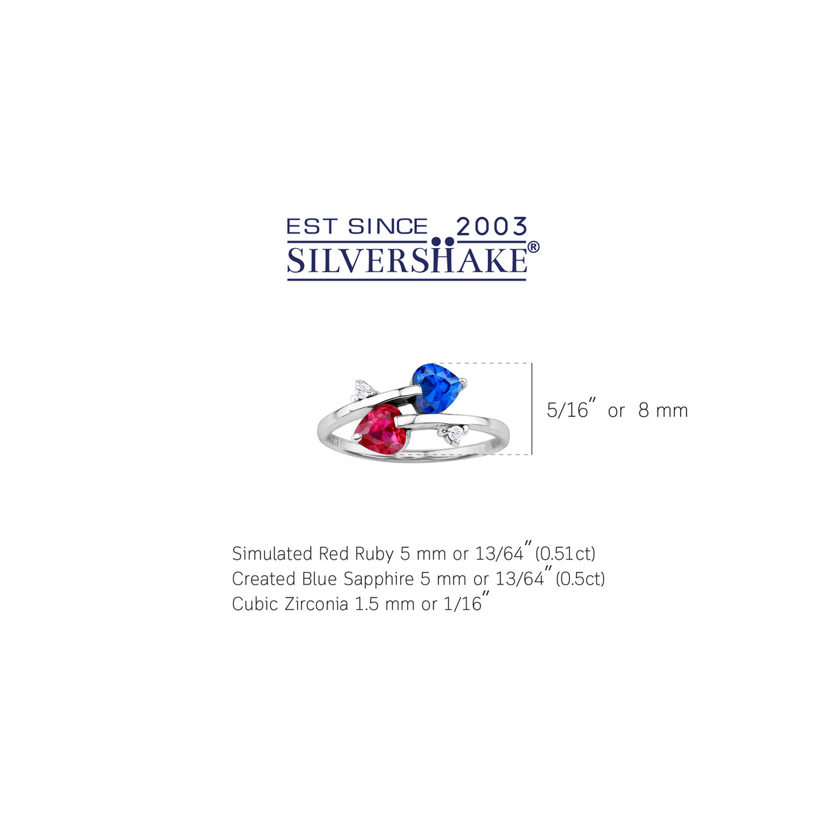 Created Blue Sapphire and Simulated Red Ruby 925 Sterling Silver Trendy Twin Heart Bypass Ring silvershake